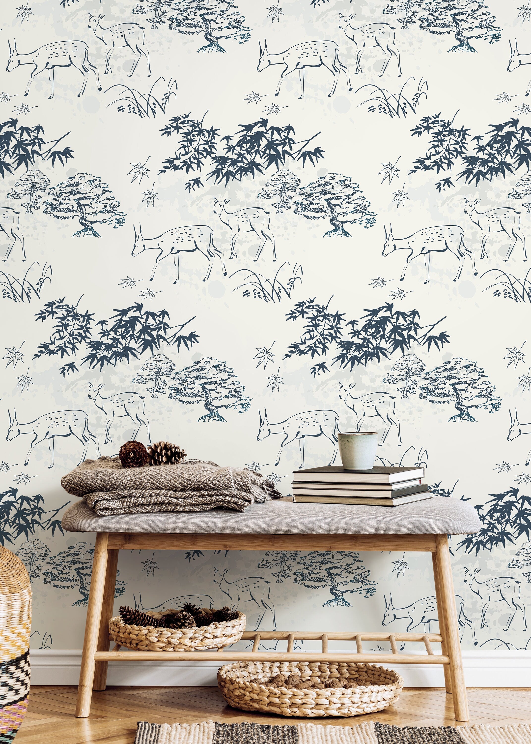 Japanese Wallpaper Featuring Illustrated Deer And Bonsai Trees In Blue And Grey - D496