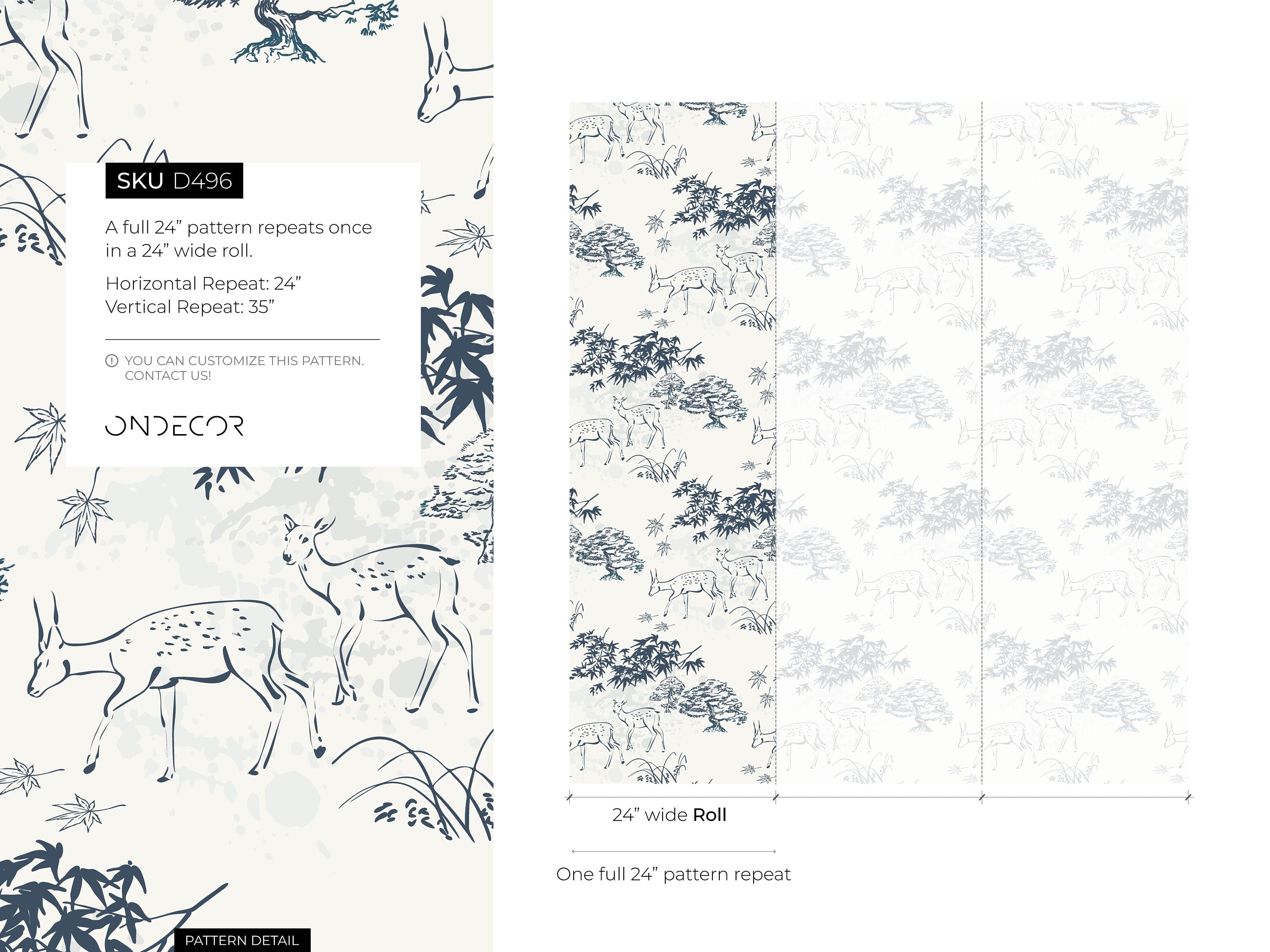 Japanese Wallpaper Featuring Illustrated Deer And Bonsai Trees In Blue And Grey - D496