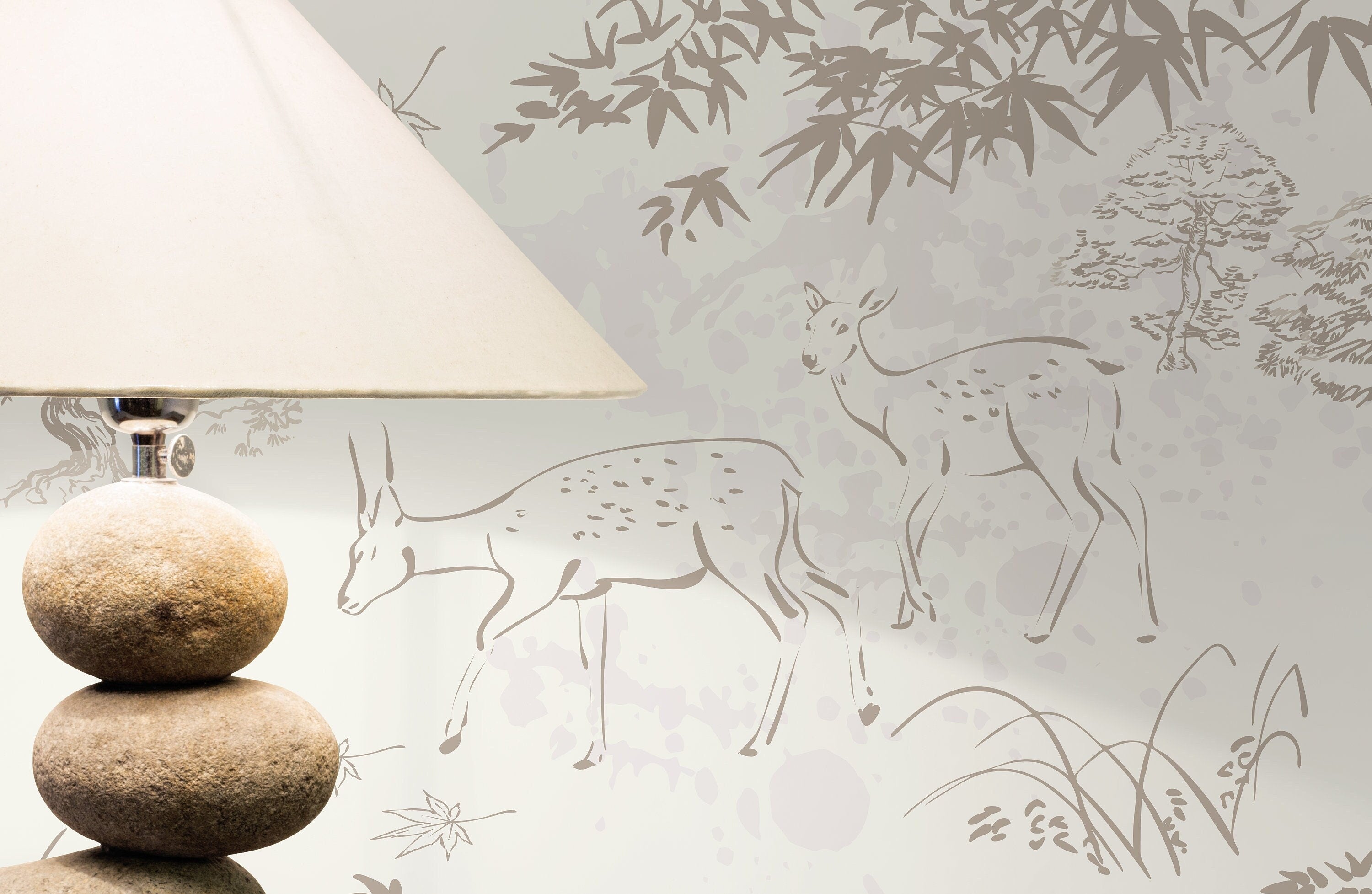 Japanese Wallpaper With A Sketched Deer And Forest Motif In Taupe And Cream - D497