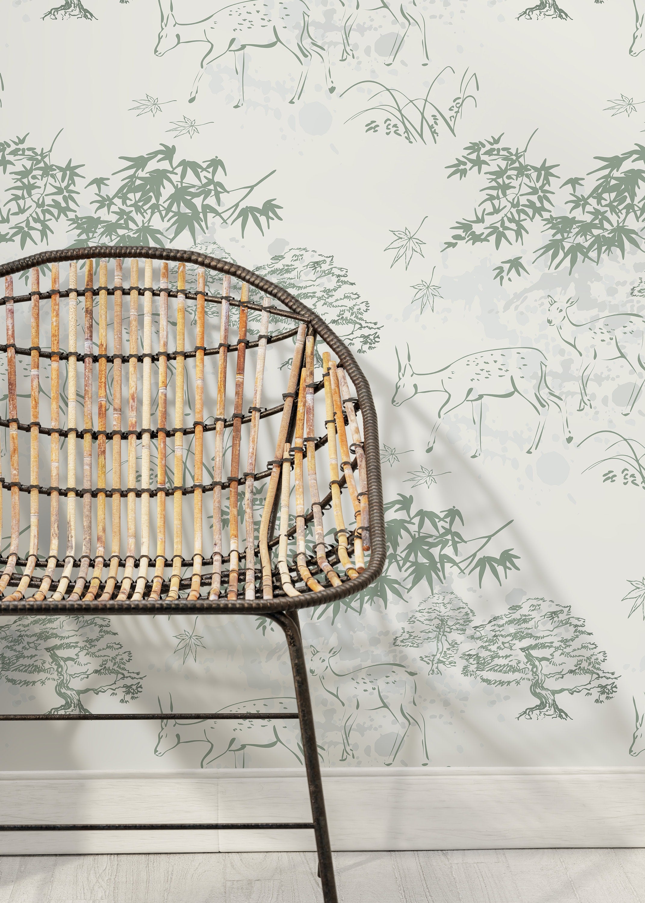 Japanese Wallpaper With A Serene Deer And Forest Motif In Sage Green And Light Gray - D498