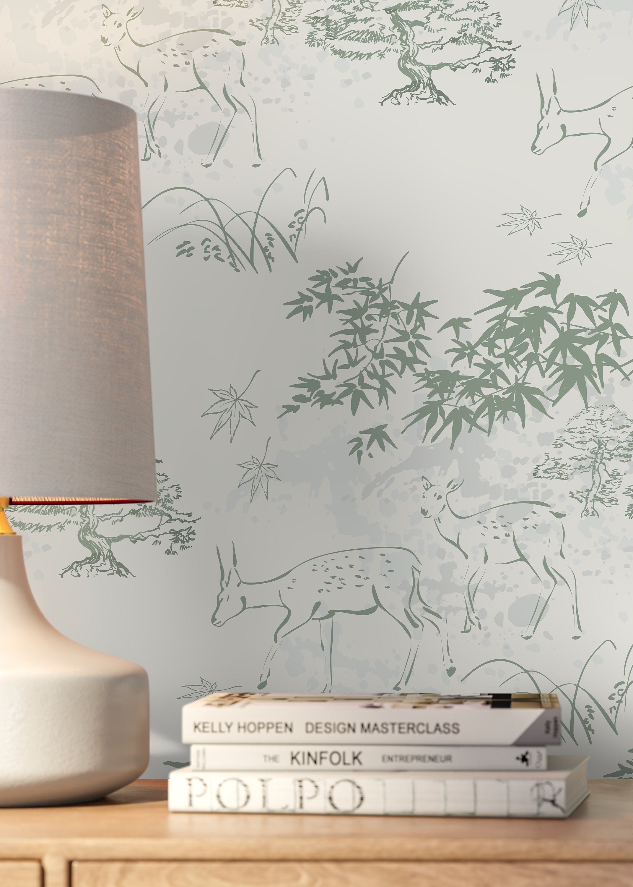 Japanese Wallpaper With A Serene Deer And Forest Motif In Sage Green And Light Gray - D498