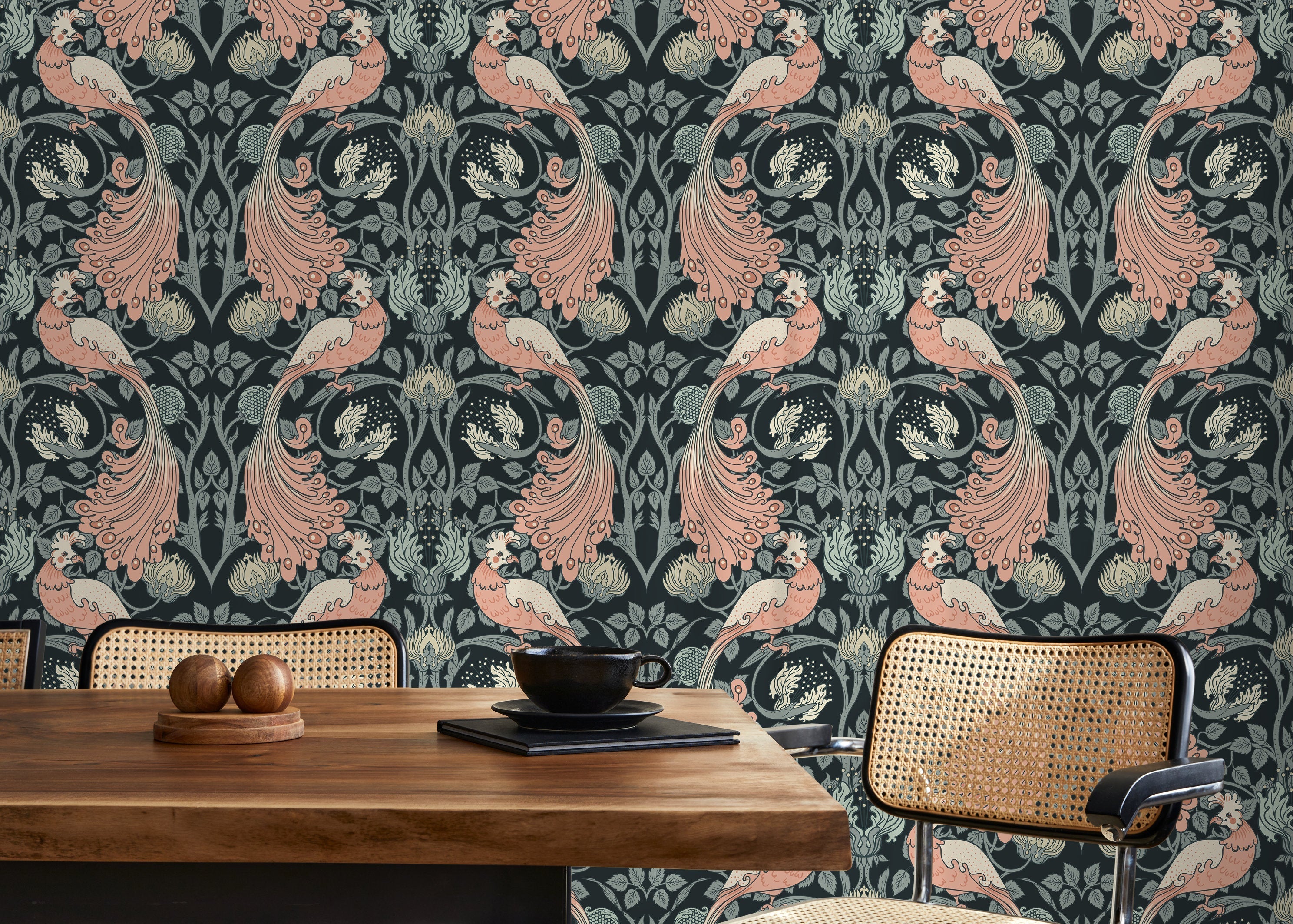Art Nouveau Wallpaper With A Bird Motif In Pink, Green, And Black - D499