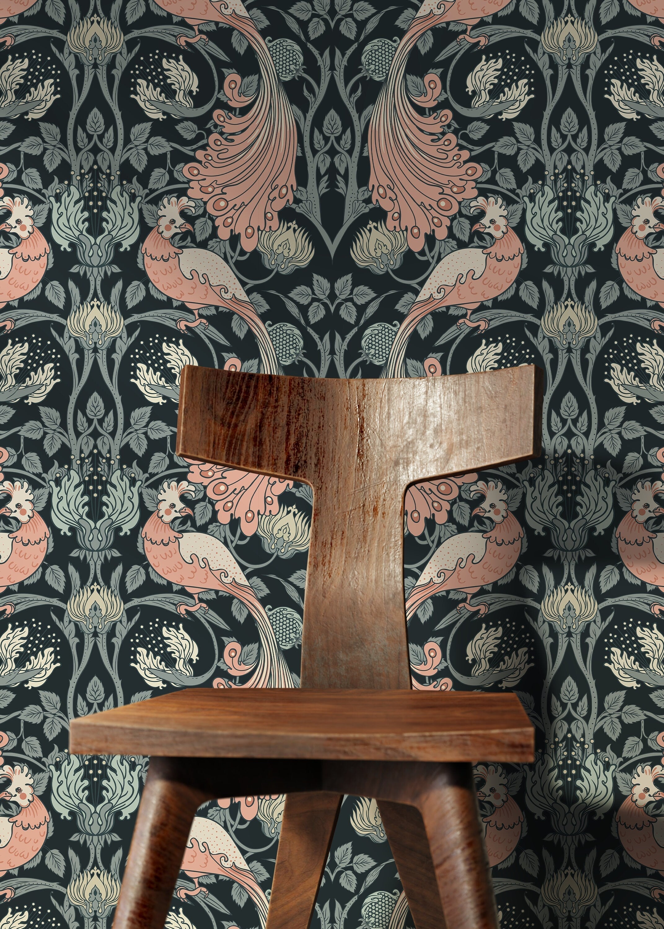 Art Nouveau Wallpaper With A Bird Motif In Pink, Green, And Black - D499