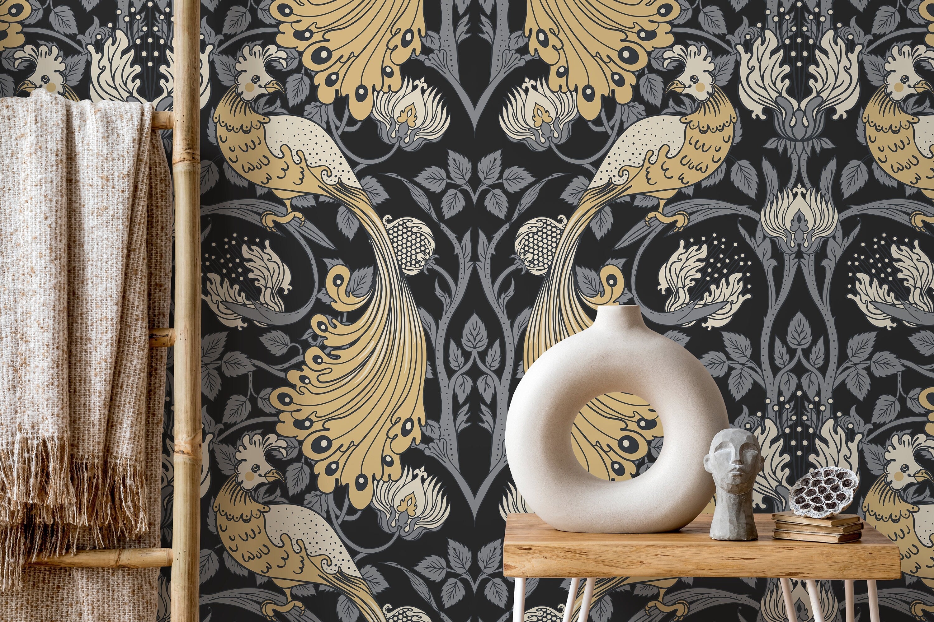 Art Nouveau Wallpaper With Stylized Birds In Yellow, Gray, And Black - D500