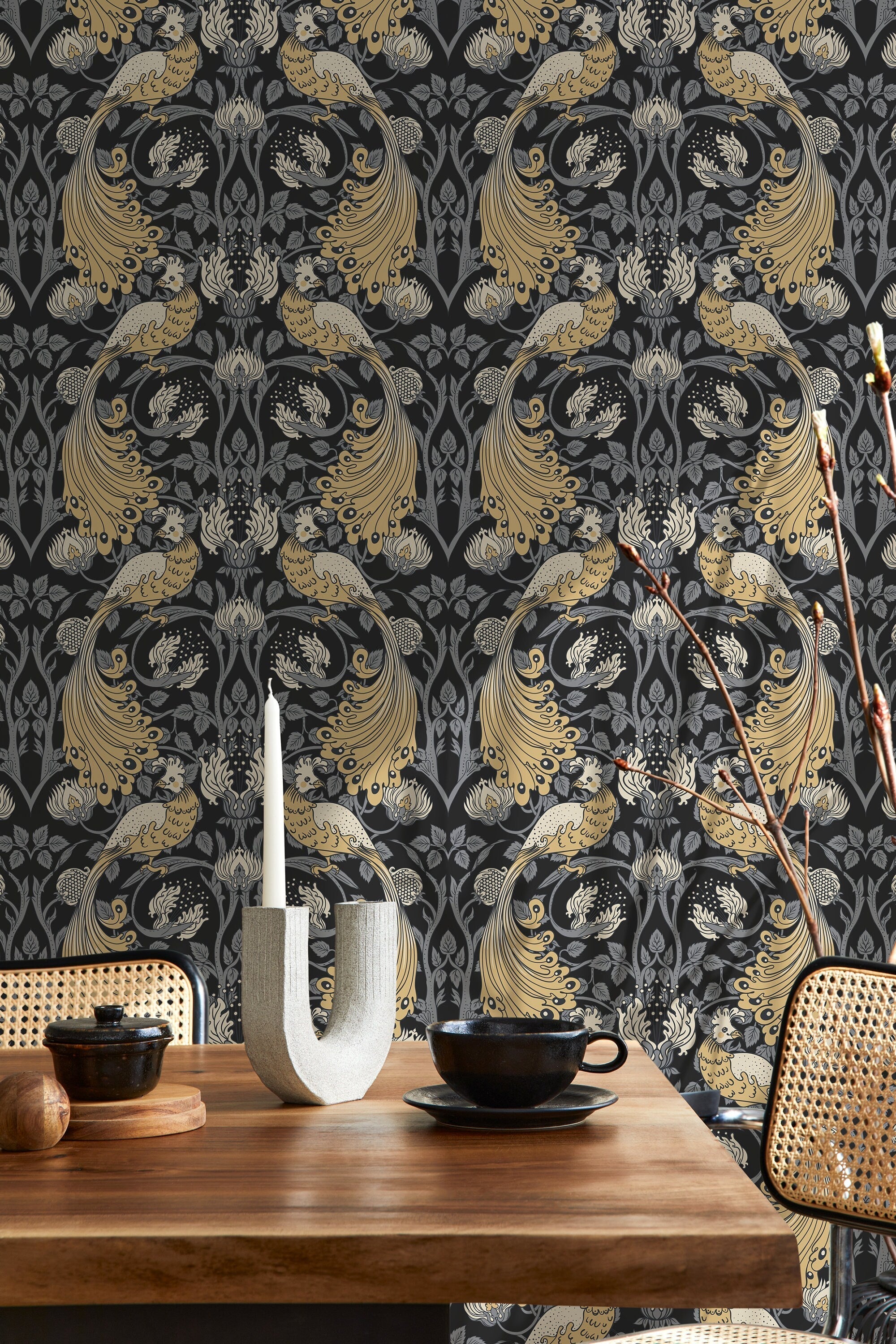 Art Nouveau Wallpaper With Stylized Birds In Yellow, Gray, And Black - D500