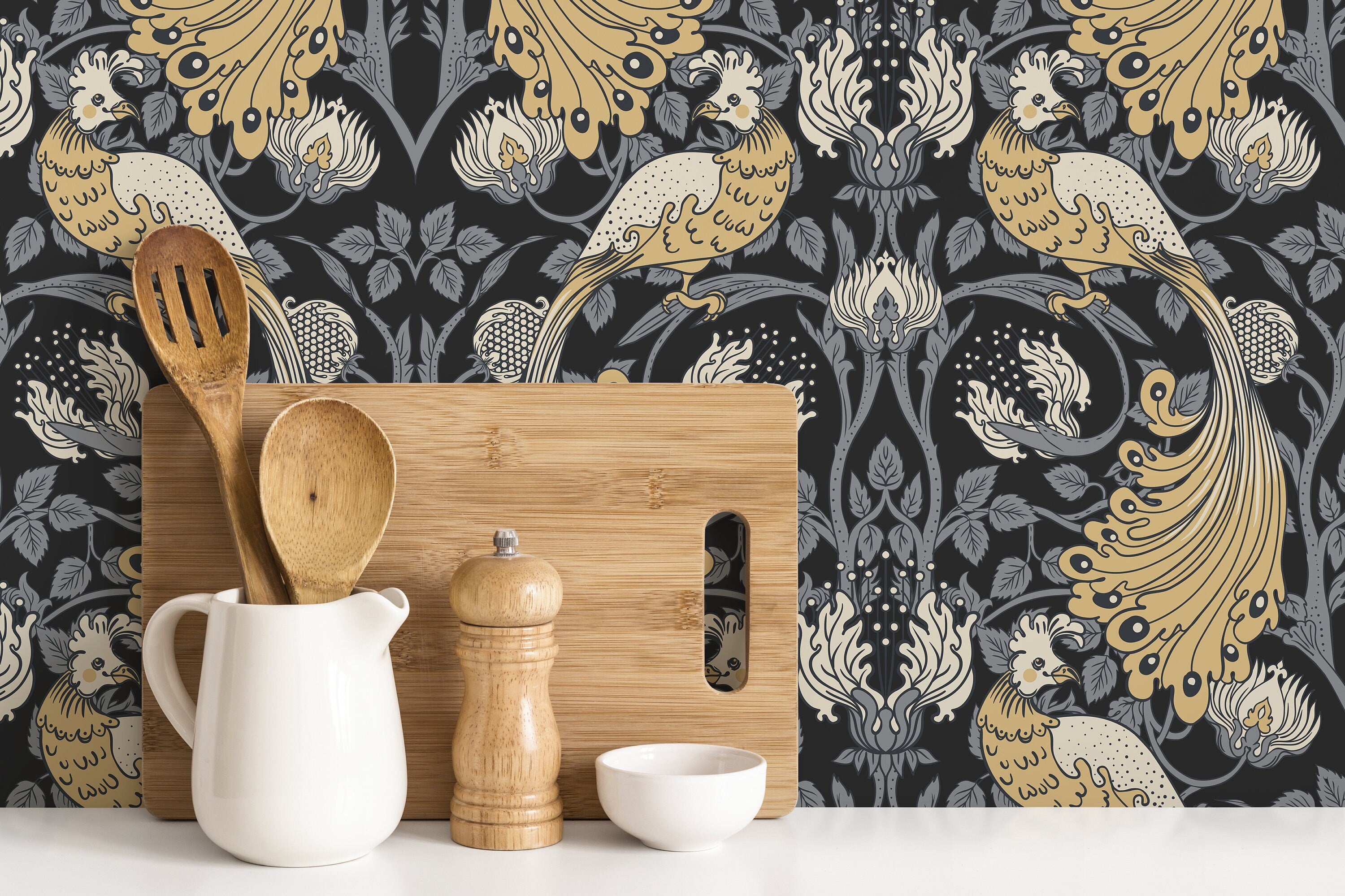 Art Nouveau Wallpaper With Stylized Birds In Yellow, Gray, And Black - D500