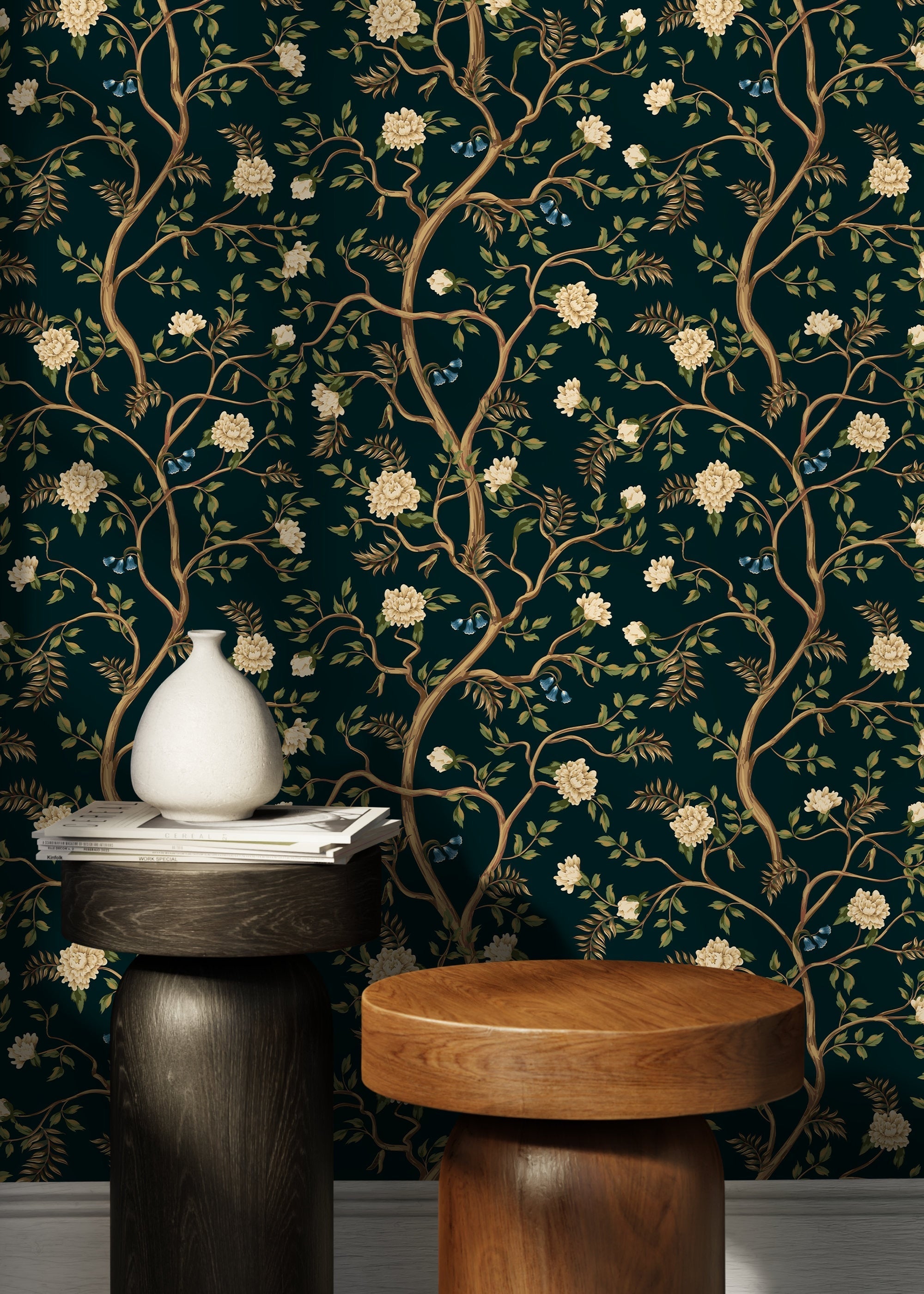 Chinoiserie Wallpaper With A Floral Garden Motif In Dark Teal And Cream - D501