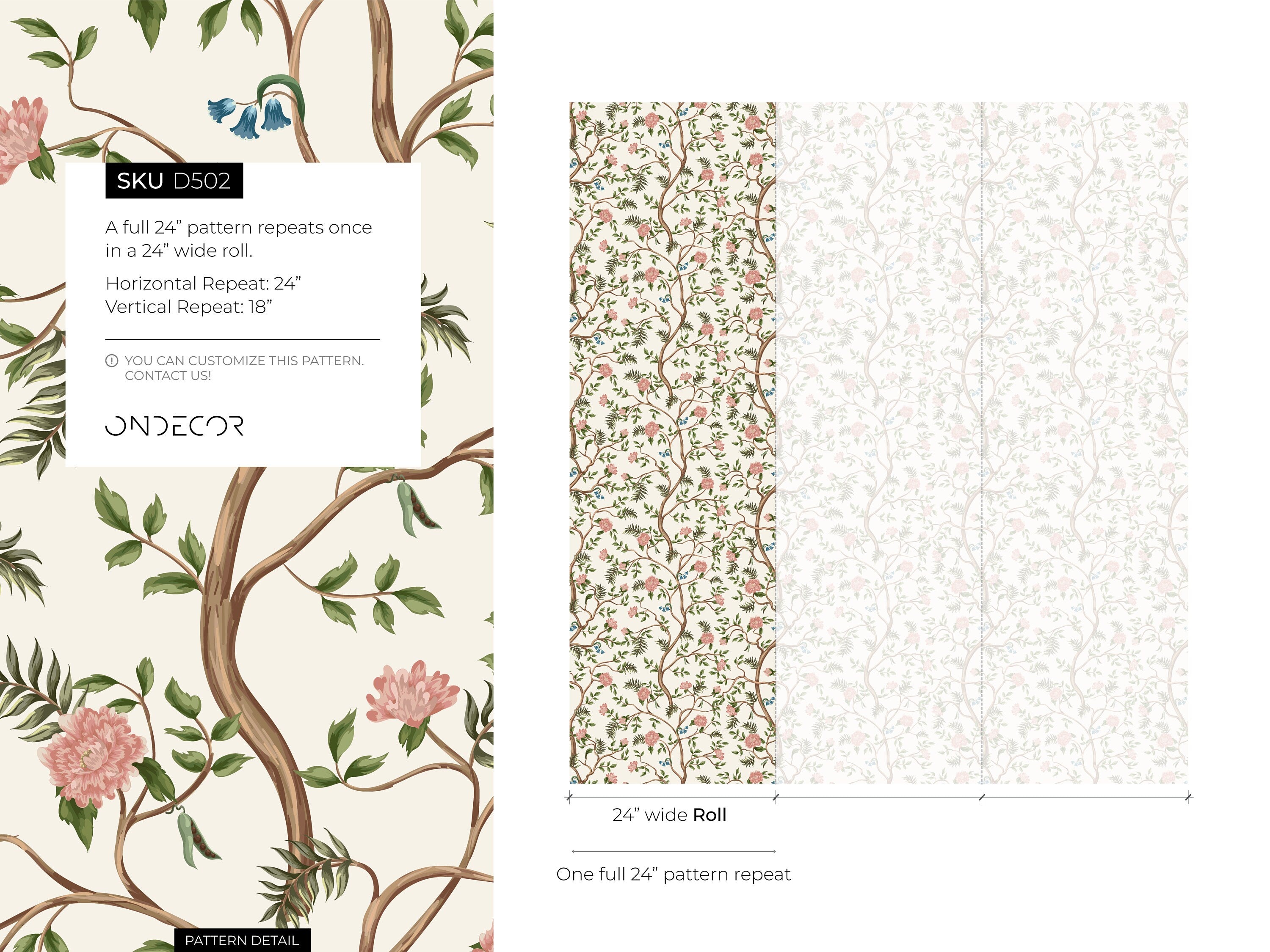 Chinoiserie Wallpaper With A Blooming Tree Motif In Pink, Blue, And Green - D502