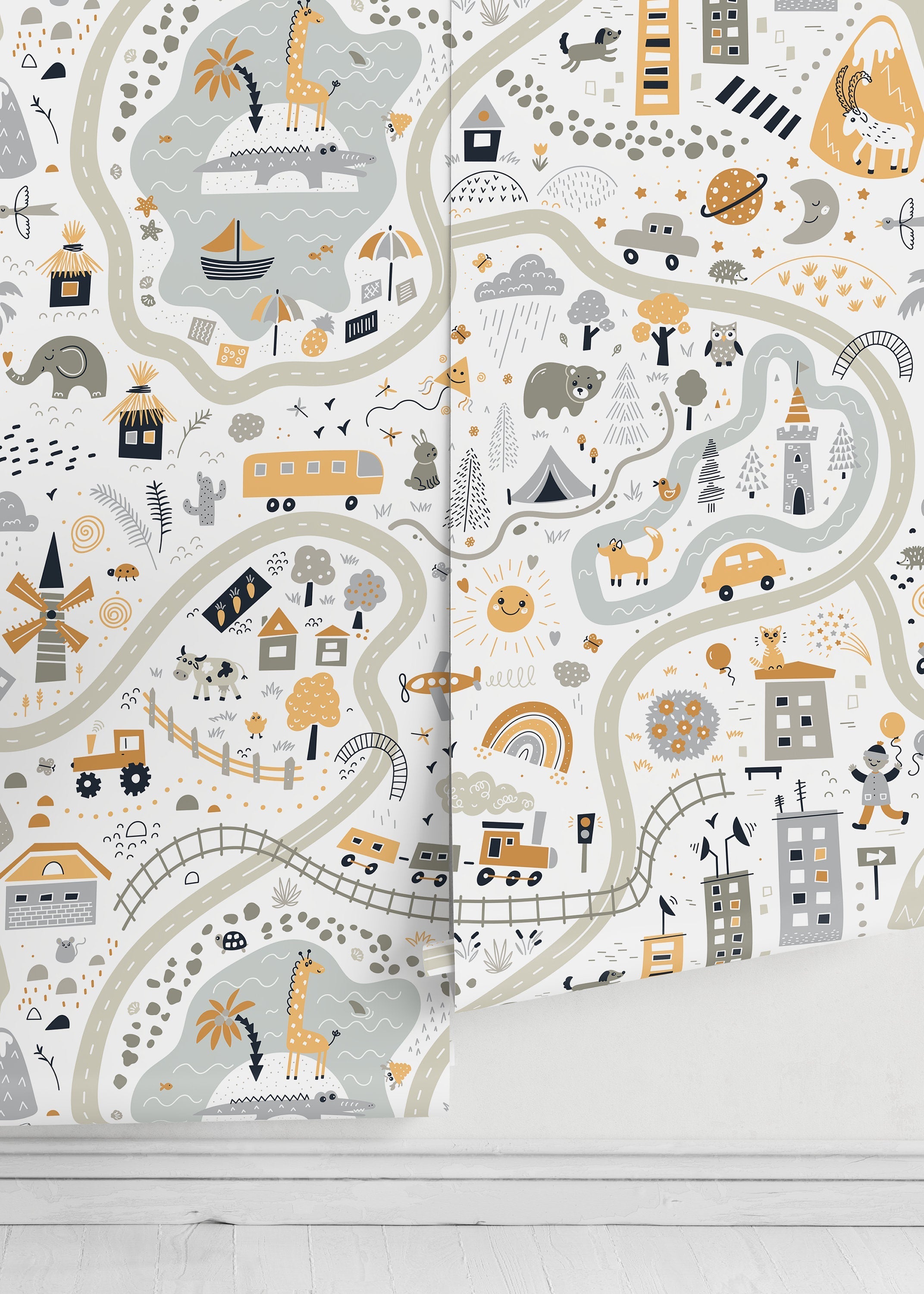 Nursery Map Wallpaper With A Whimsical Town And Animals In Gray And Yellow - D505