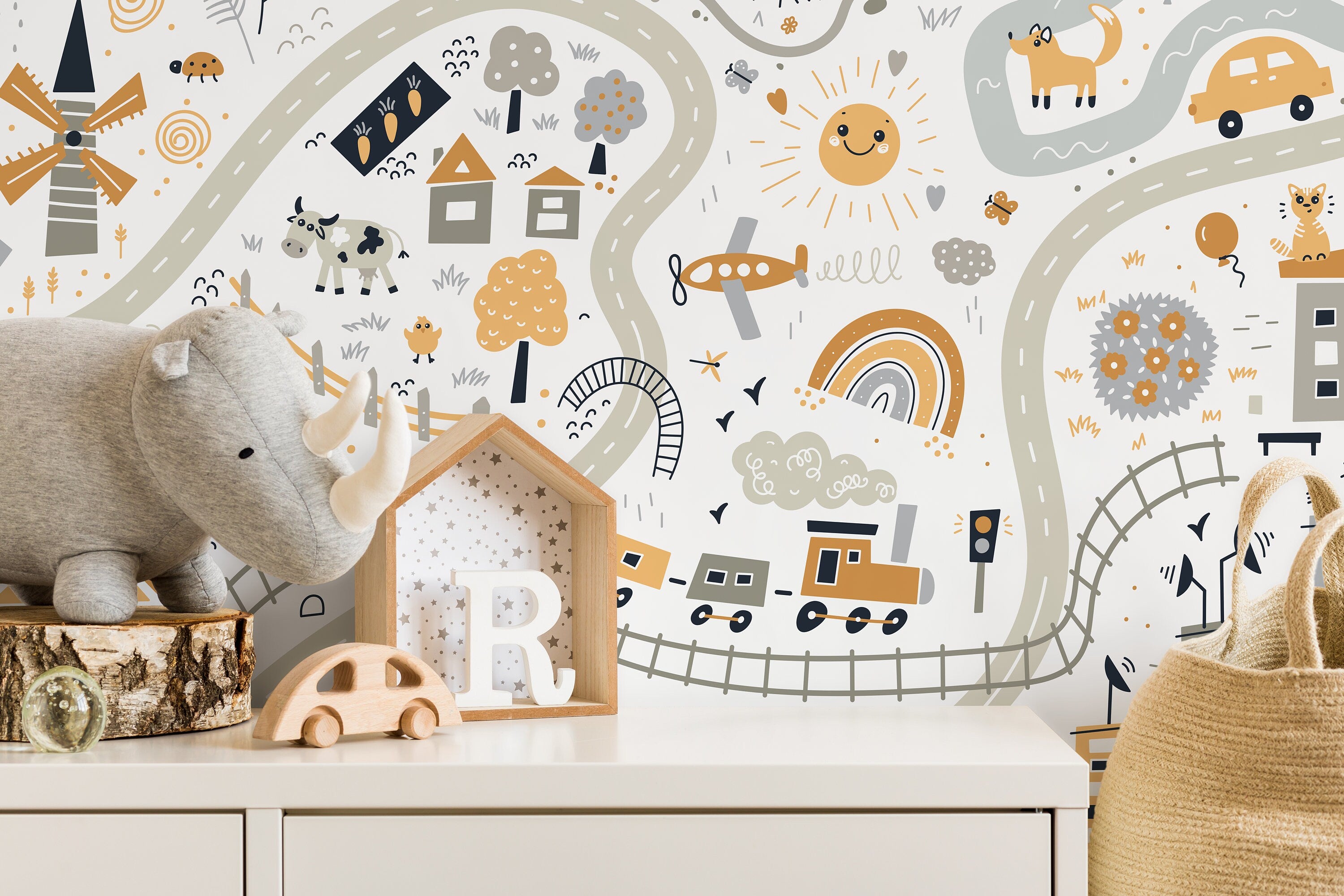 Nursery Map Wallpaper With A Whimsical Town And Animals In Gray And Yellow - D505