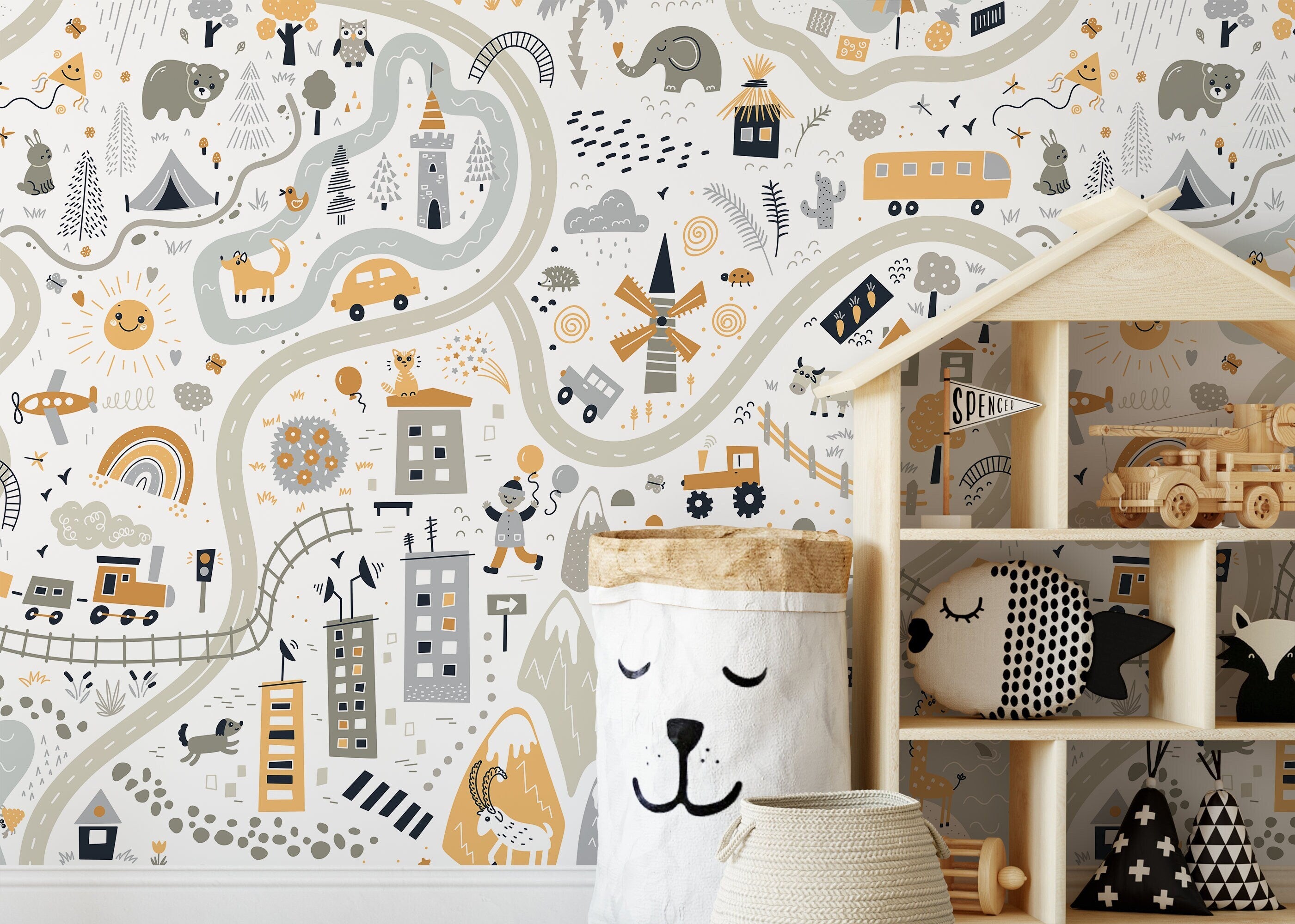 Nursery Map Wallpaper With A Whimsical Town And Animals In Gray And Yellow - D505