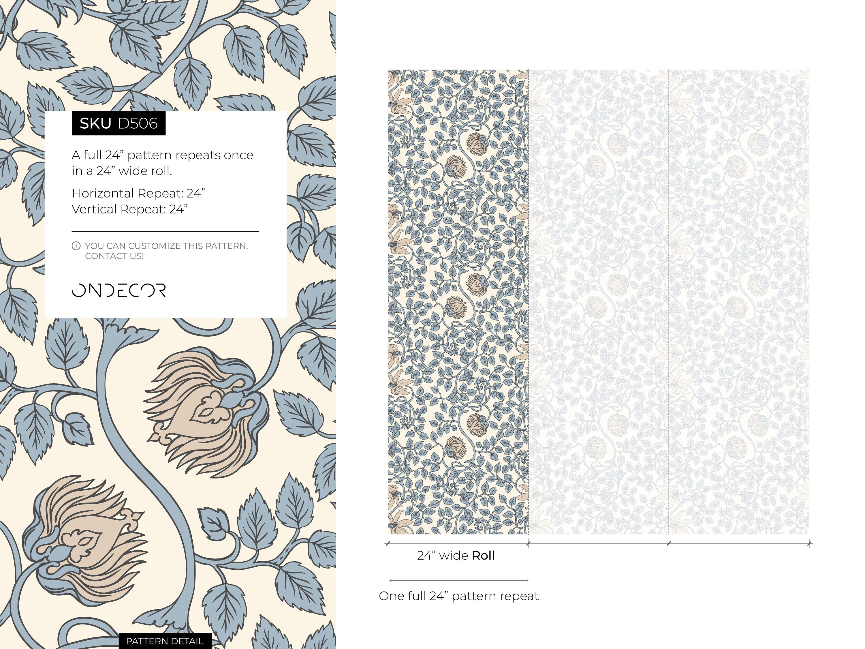 William Morris Wallpaper With Trailing Floral Vines In Light Blue And Beige - D506