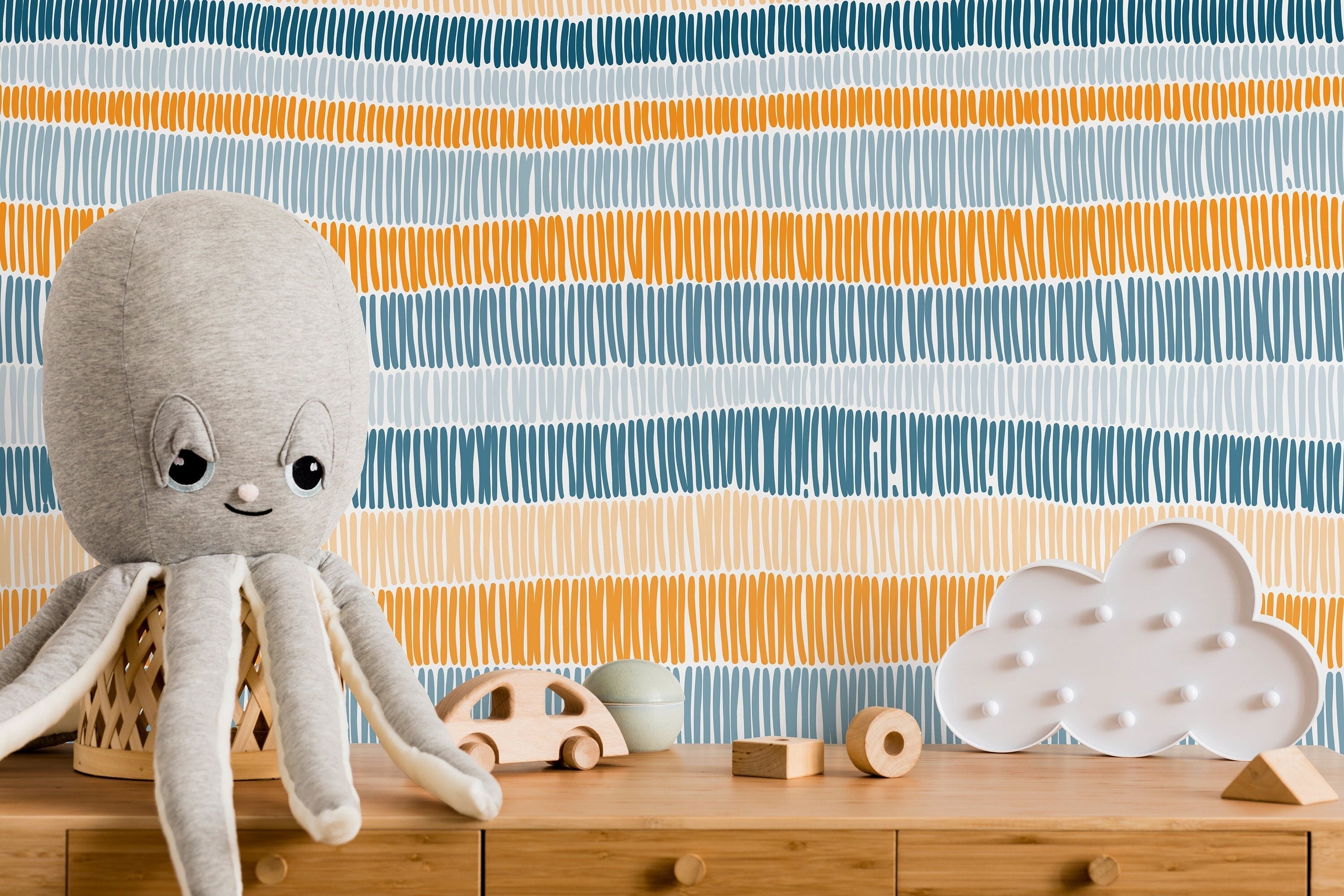 Abstract Wallpaper With Hand-drawn Stripes In Blue, Orange, And Yellow - D508