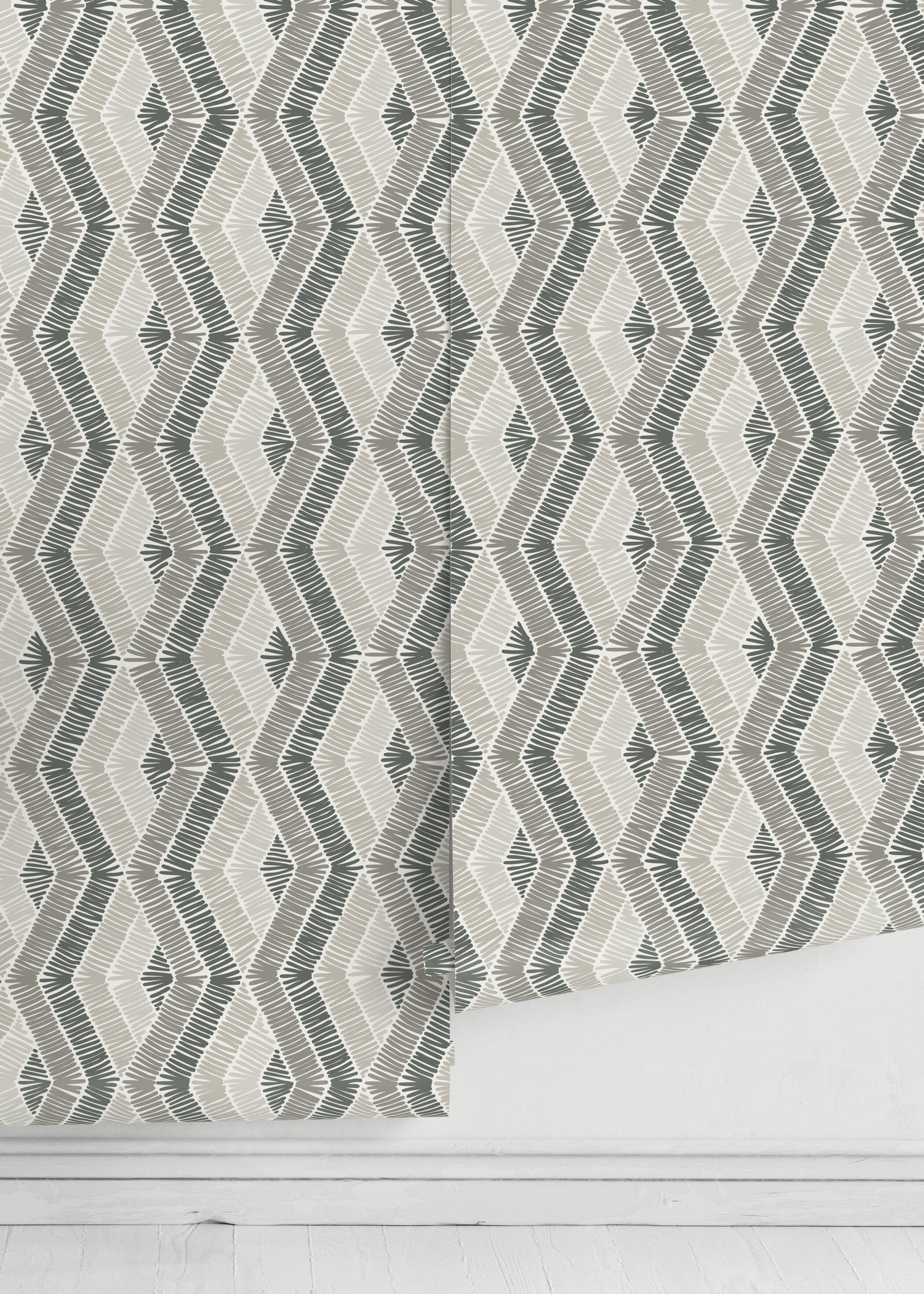 Geometric Wallpaper With A Hatched Diamond Motif In Shades Of Gray - D511