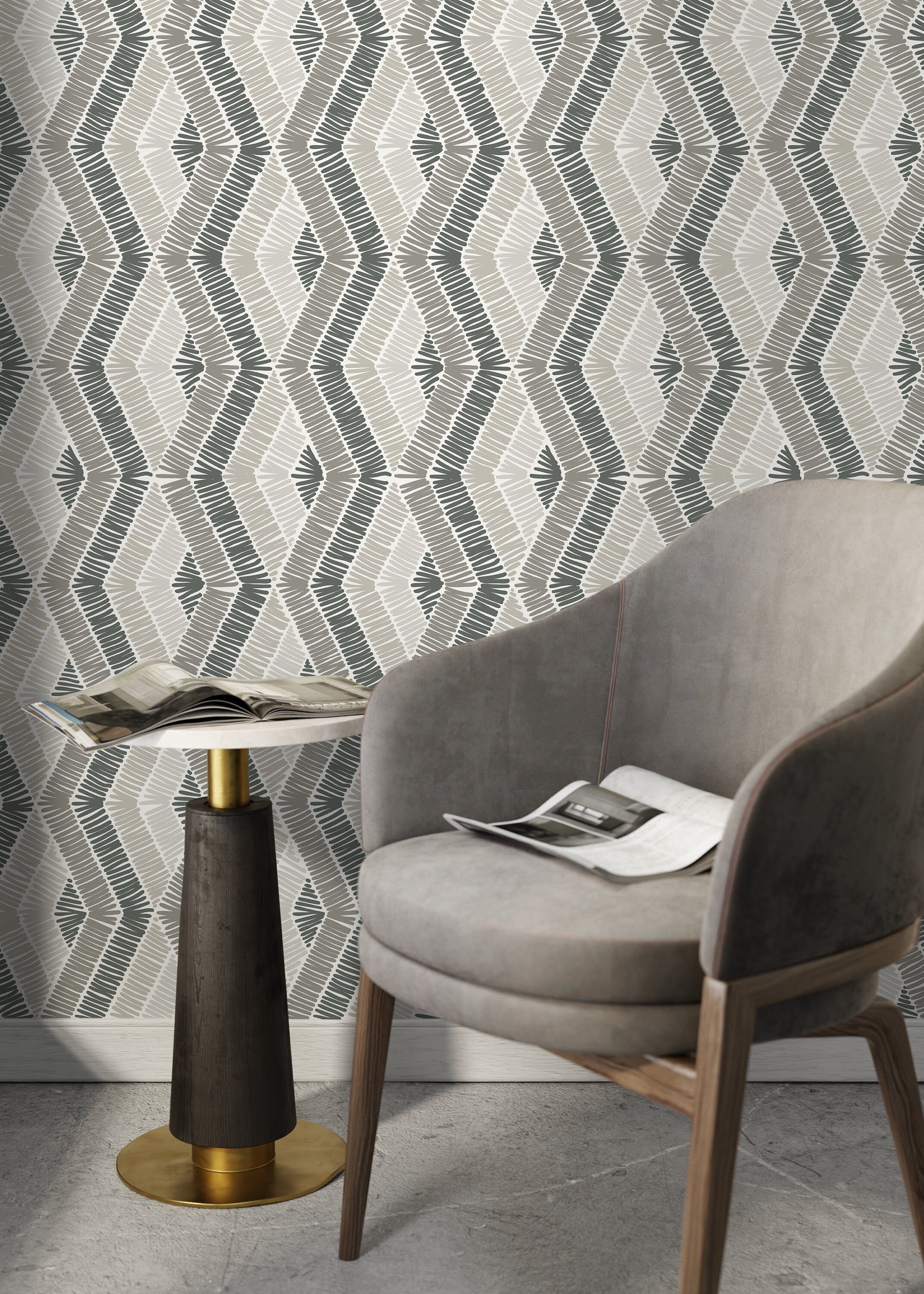 Geometric Wallpaper With A Hatched Diamond Motif In Shades Of Gray - D511