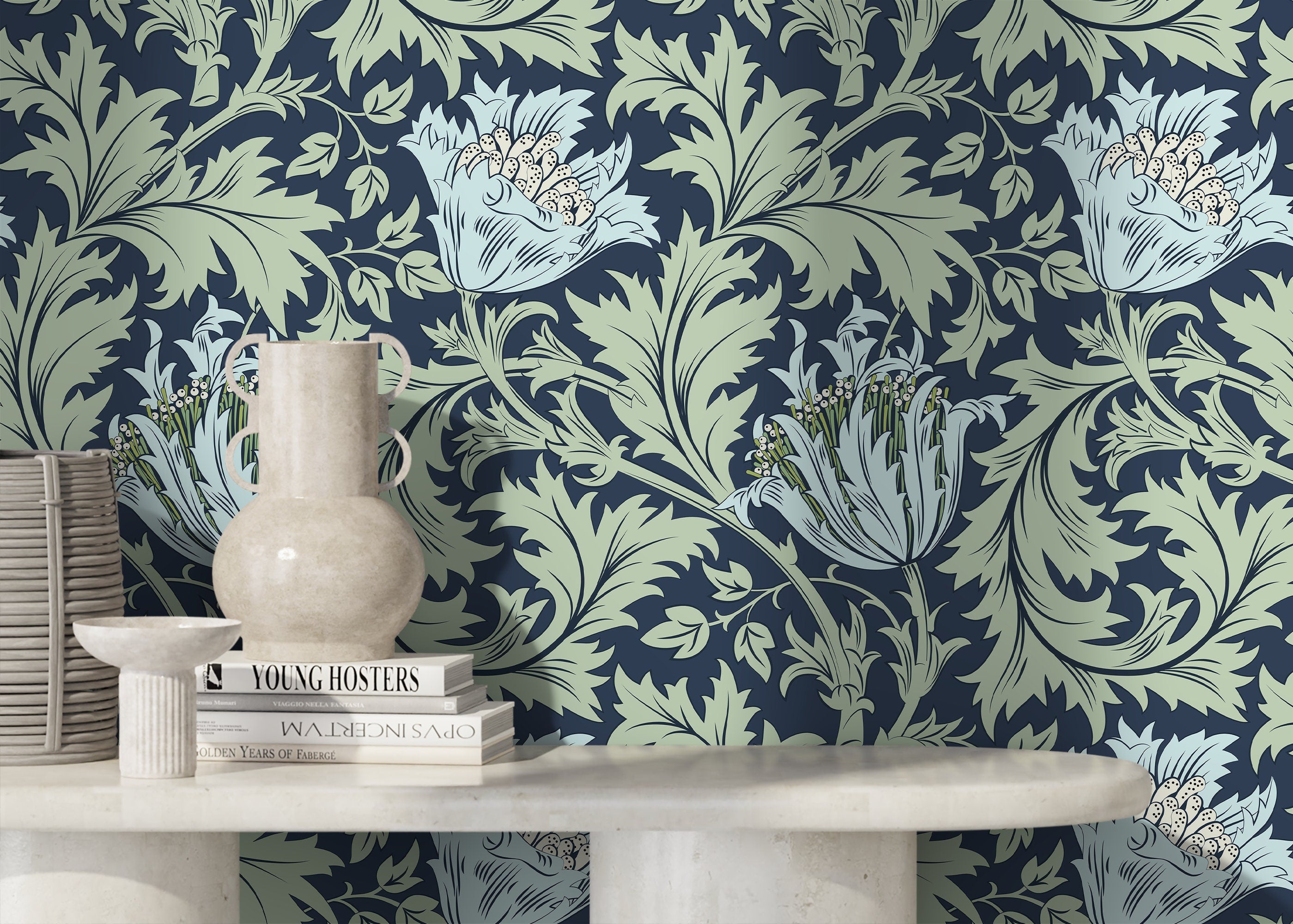 Arts And Crafts Wallpaper With Stylized Tulips In Navy Blue And Sage Green - D516