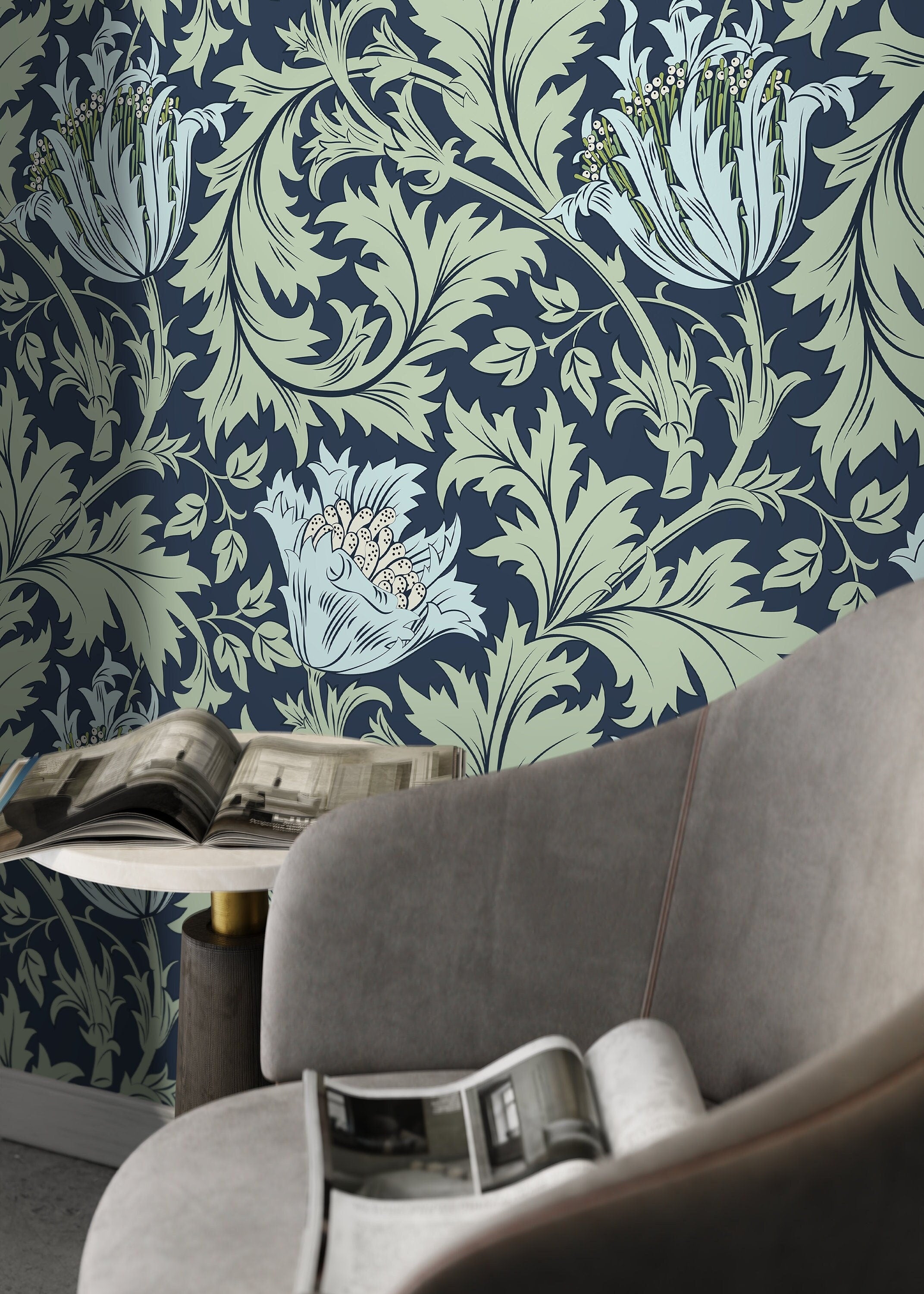Arts And Crafts Wallpaper With Stylized Tulips In Navy Blue And Sage Green - D516