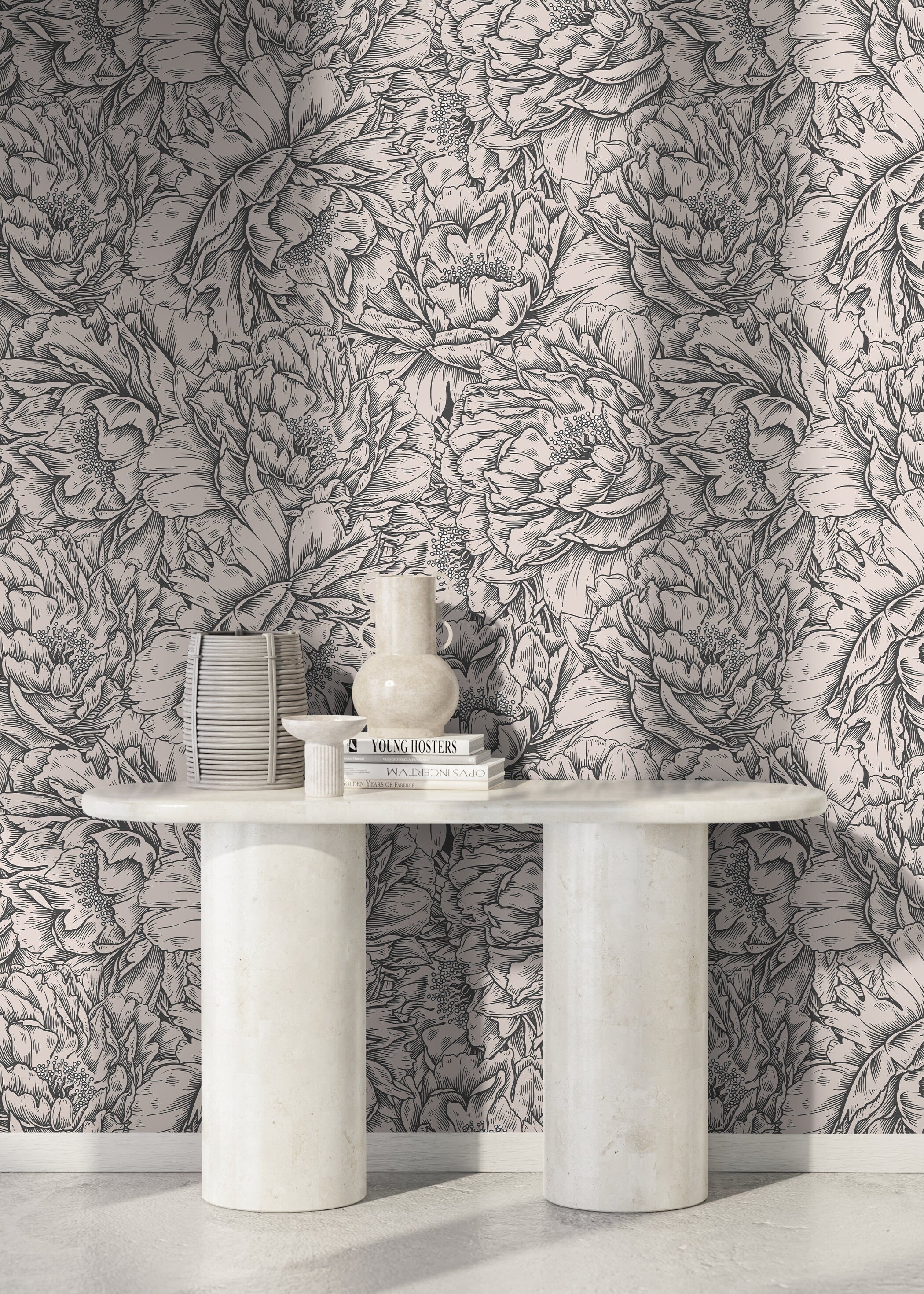 Floral Wallpaper With An Engraved Peony Motif In Gray And Beige - D518