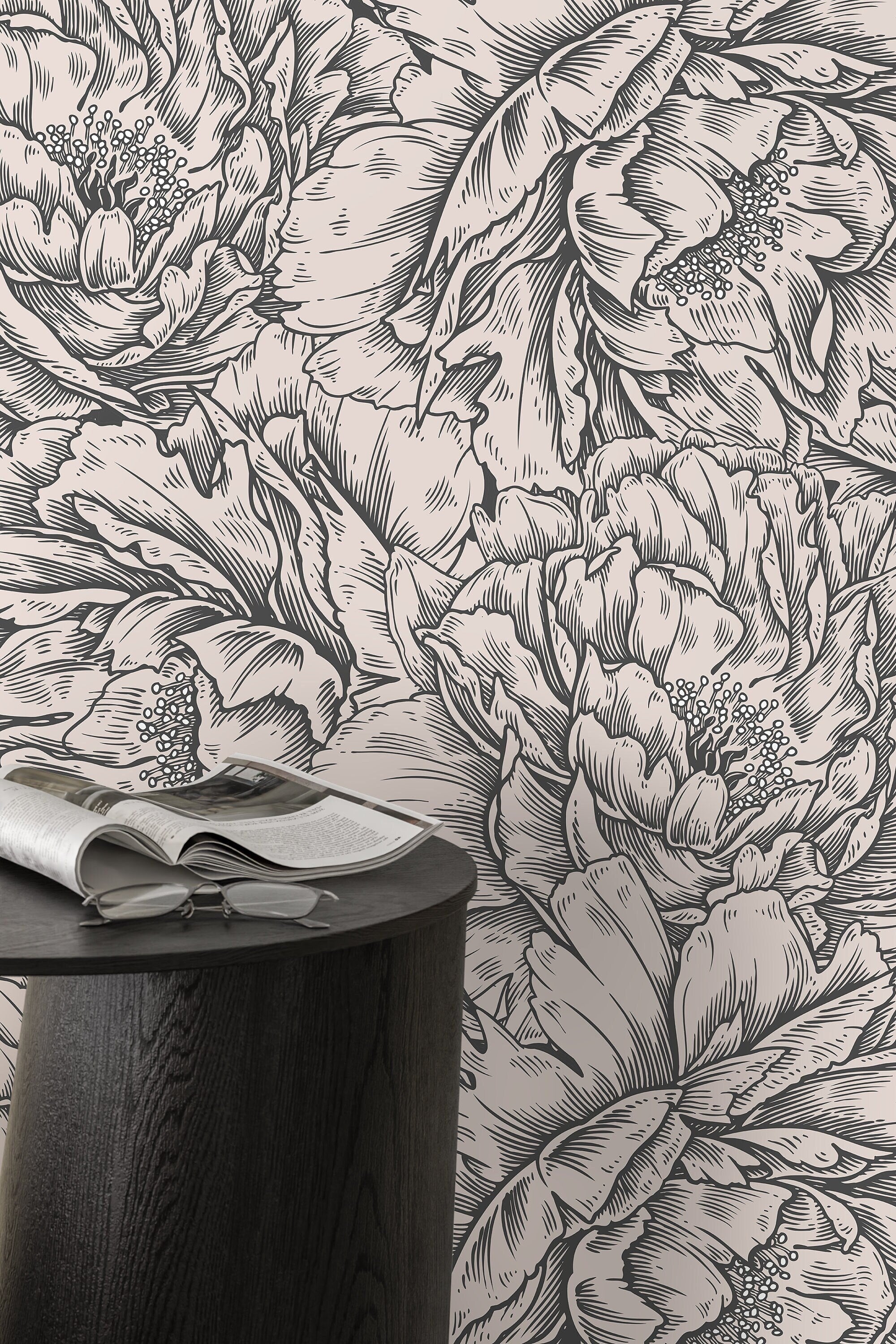 Floral Wallpaper With An Engraved Peony Motif In Gray And Beige - D518