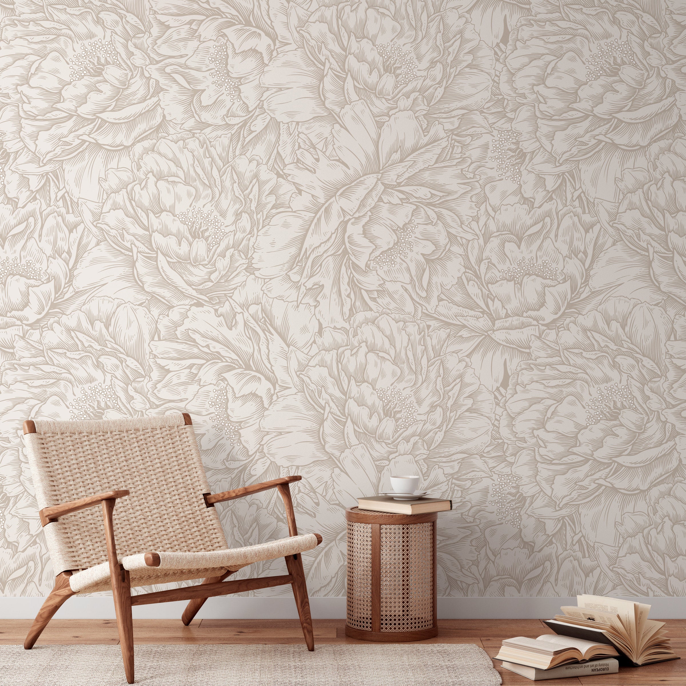 Floral Wallpaper With An Engraved Peony Motif In Beige And Cream - D520
