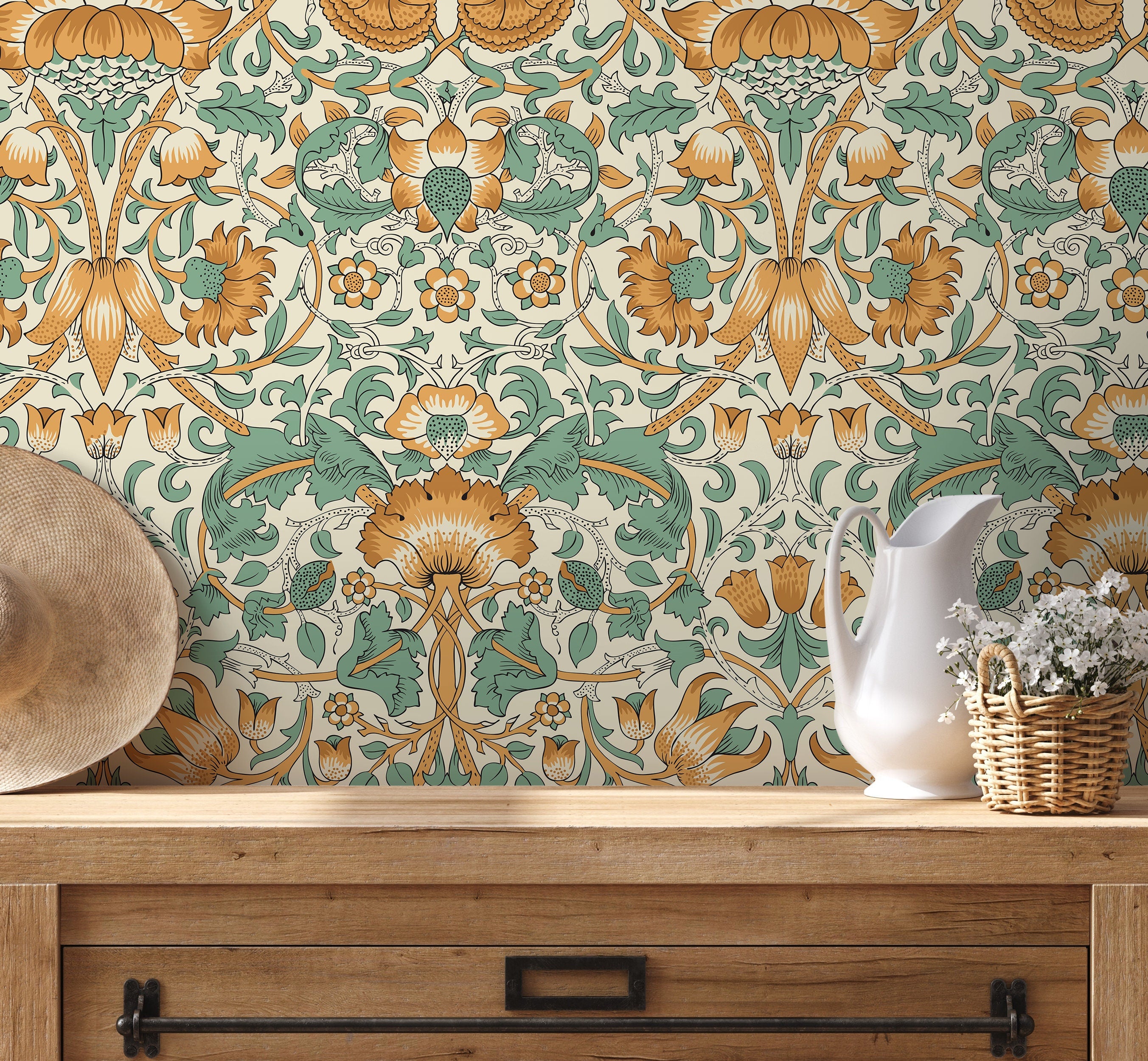 Art Nouveau Wallpaper With Stylized Florals In Orange And Green - D522