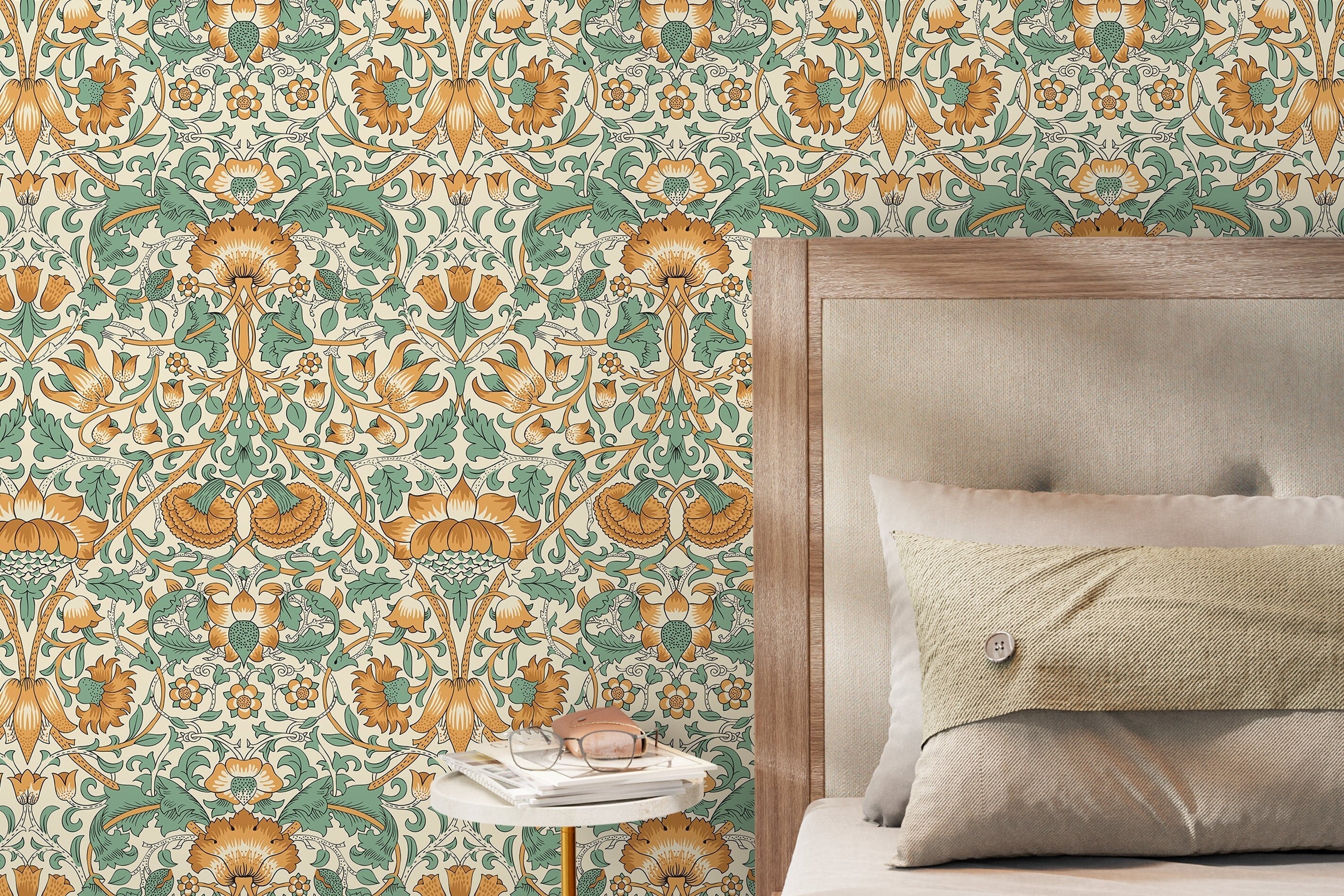 Art Nouveau Wallpaper With Stylized Florals In Orange And Green - D522