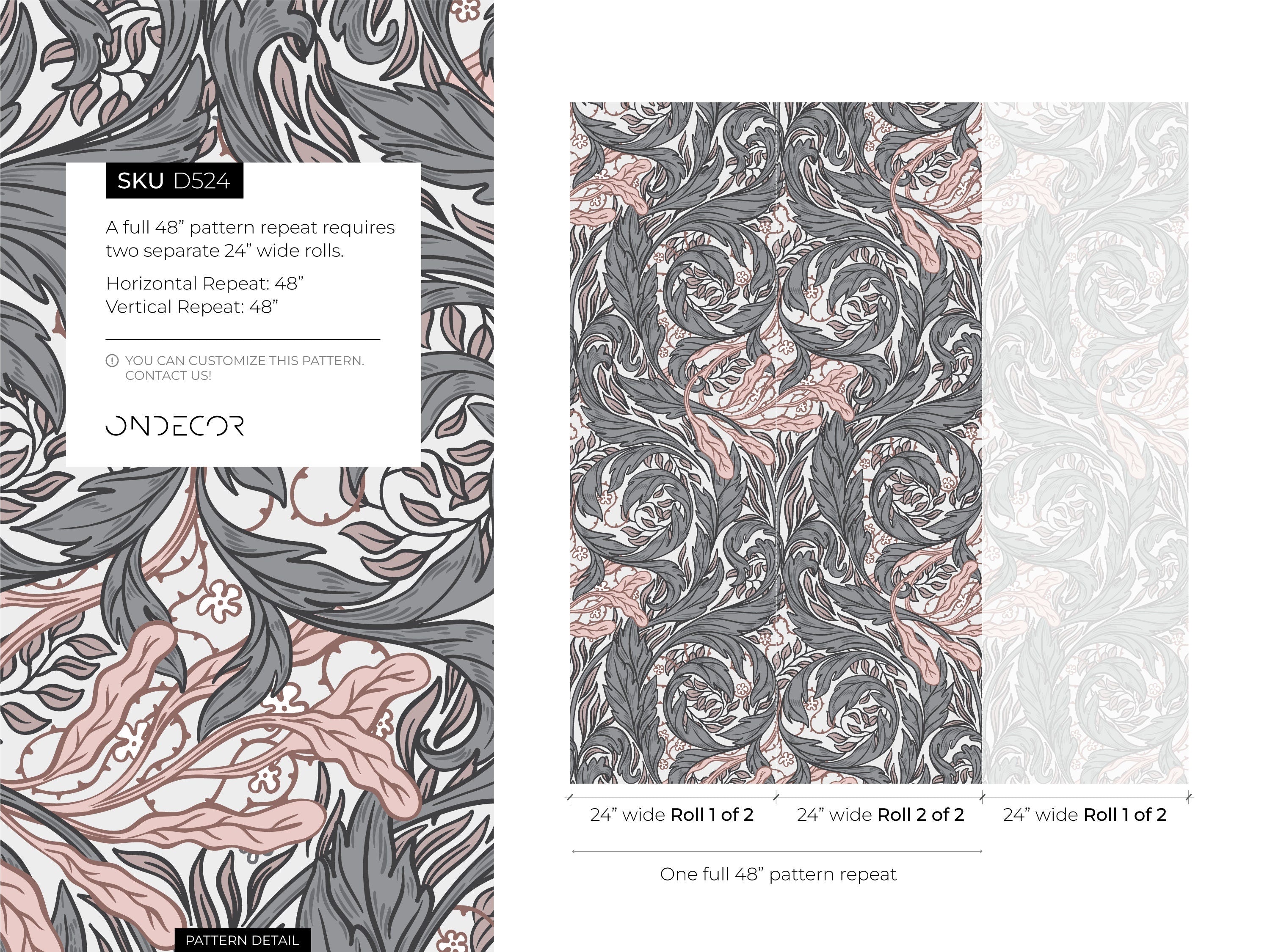 Botanical Wallpaper With Swirling Acanthus Leaves In Gray And Pink - D524