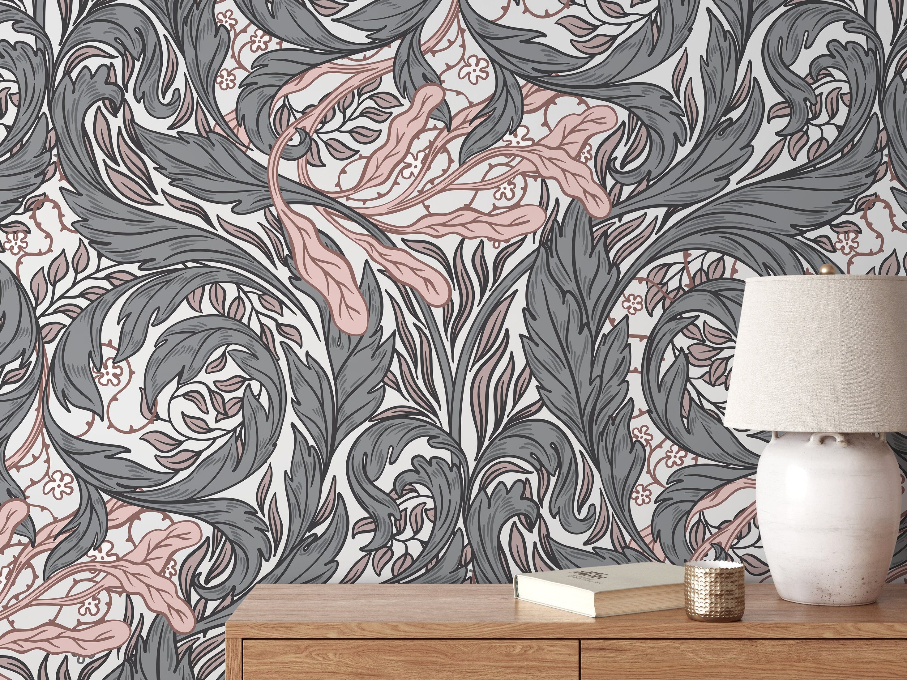 Botanical Wallpaper With Swirling Acanthus Leaves In Gray And Pink - D524