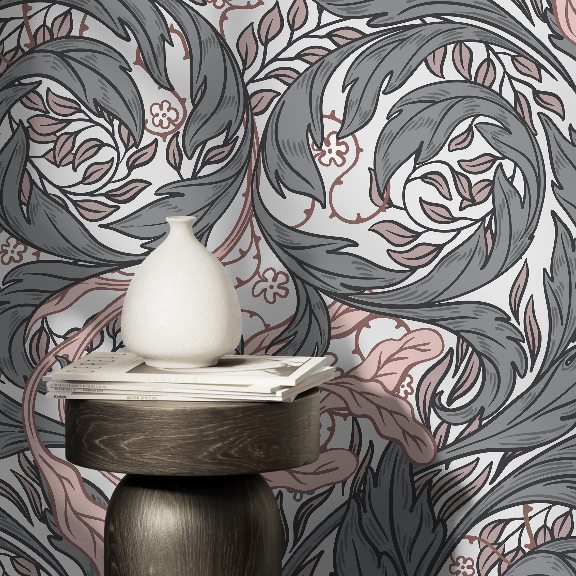 Botanical Wallpaper With Swirling Acanthus Leaves In Gray And Pink - D524