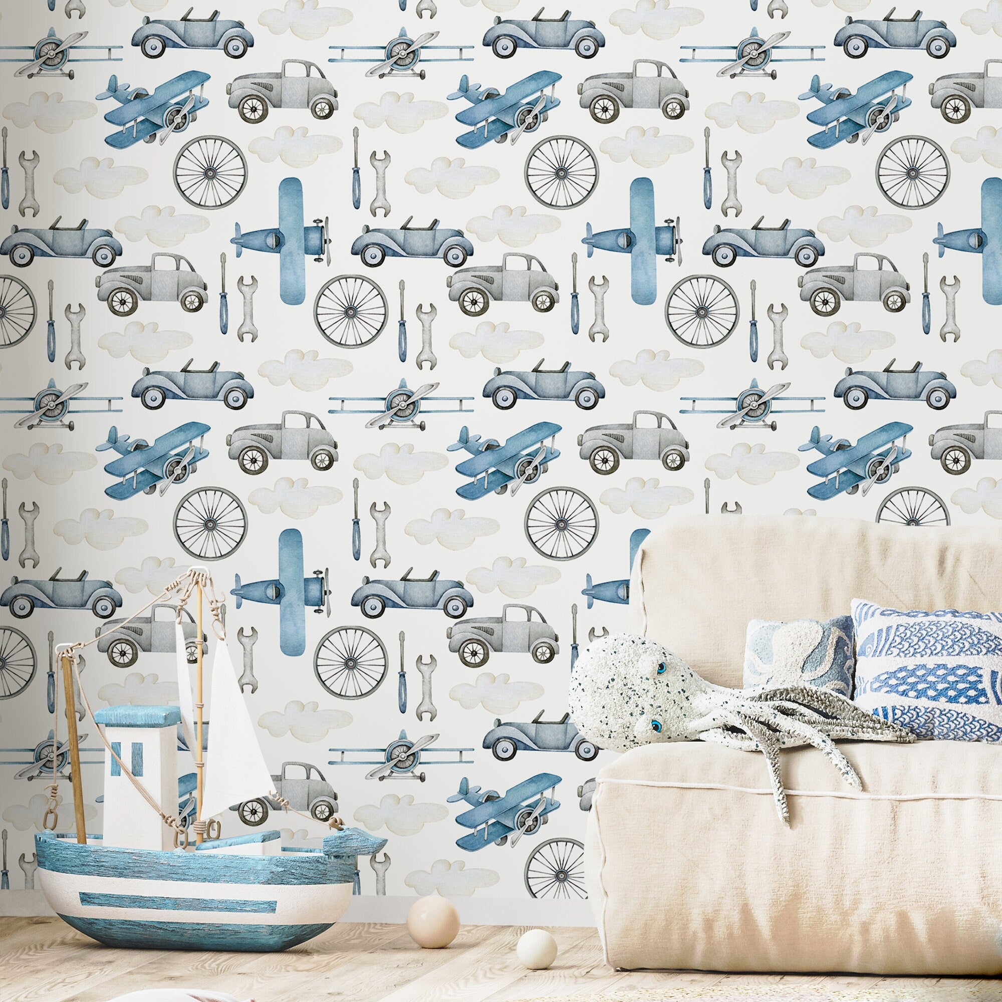 Transportation Wallpaper With Vintage Airplanes And Cars In Blue And Gray - D527