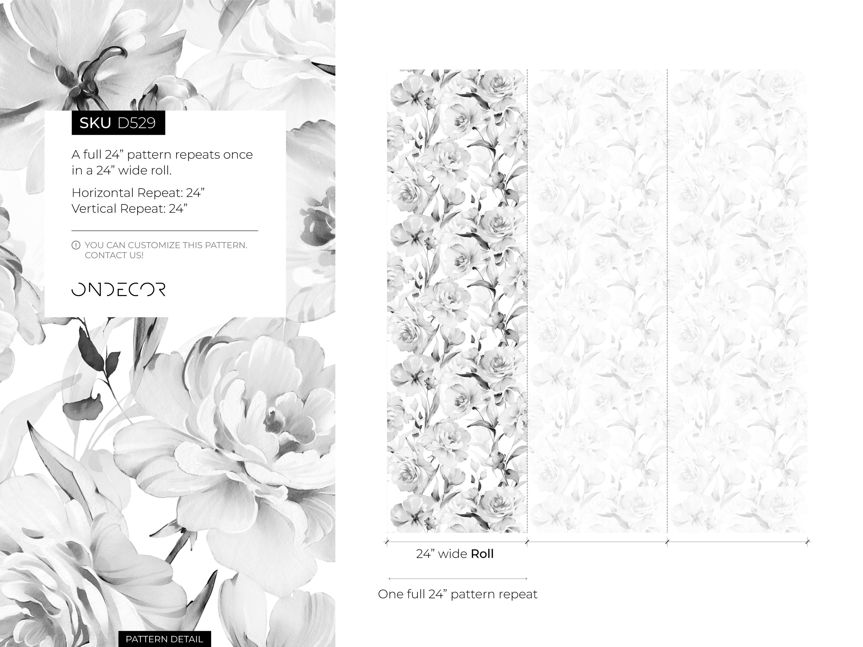 Vintage Wallpaper With A Painterly Peony Motif In Gray And Black - D529