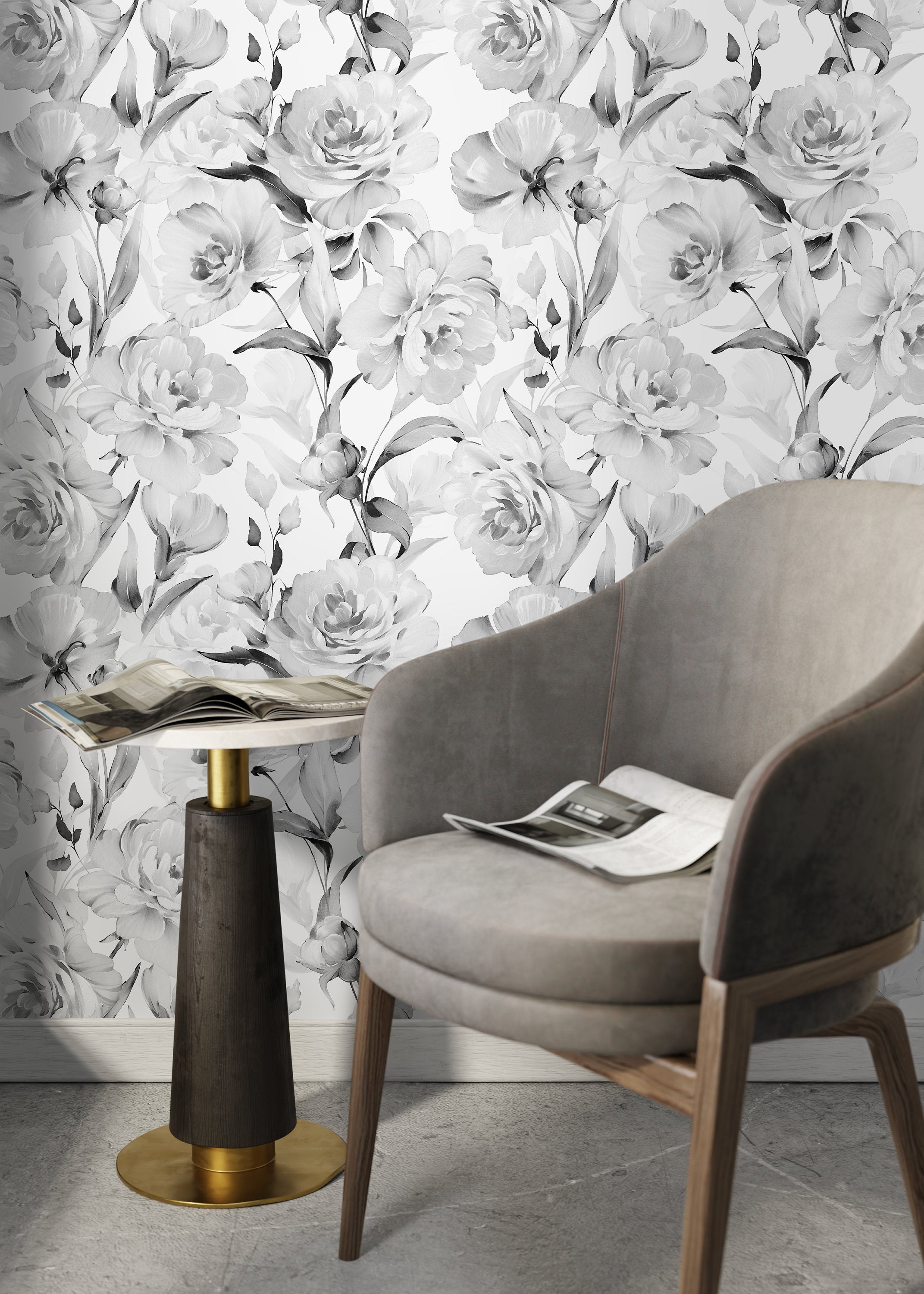 Vintage Wallpaper With A Painterly Peony Motif In Gray And Black - D529