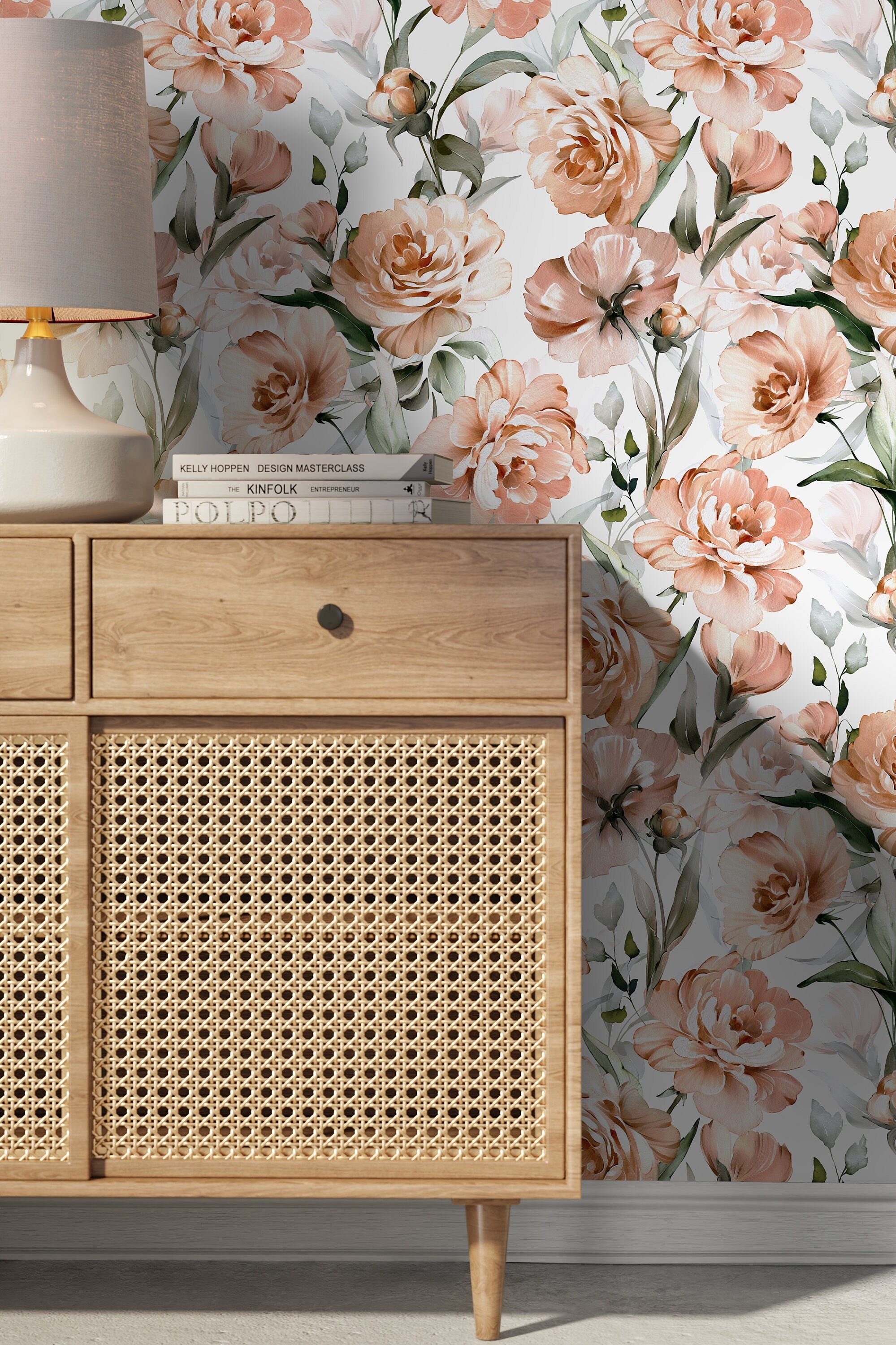 Floral Wallpaper Featuring Watercolor Peonies In Peach, Pink, And Green - D530
