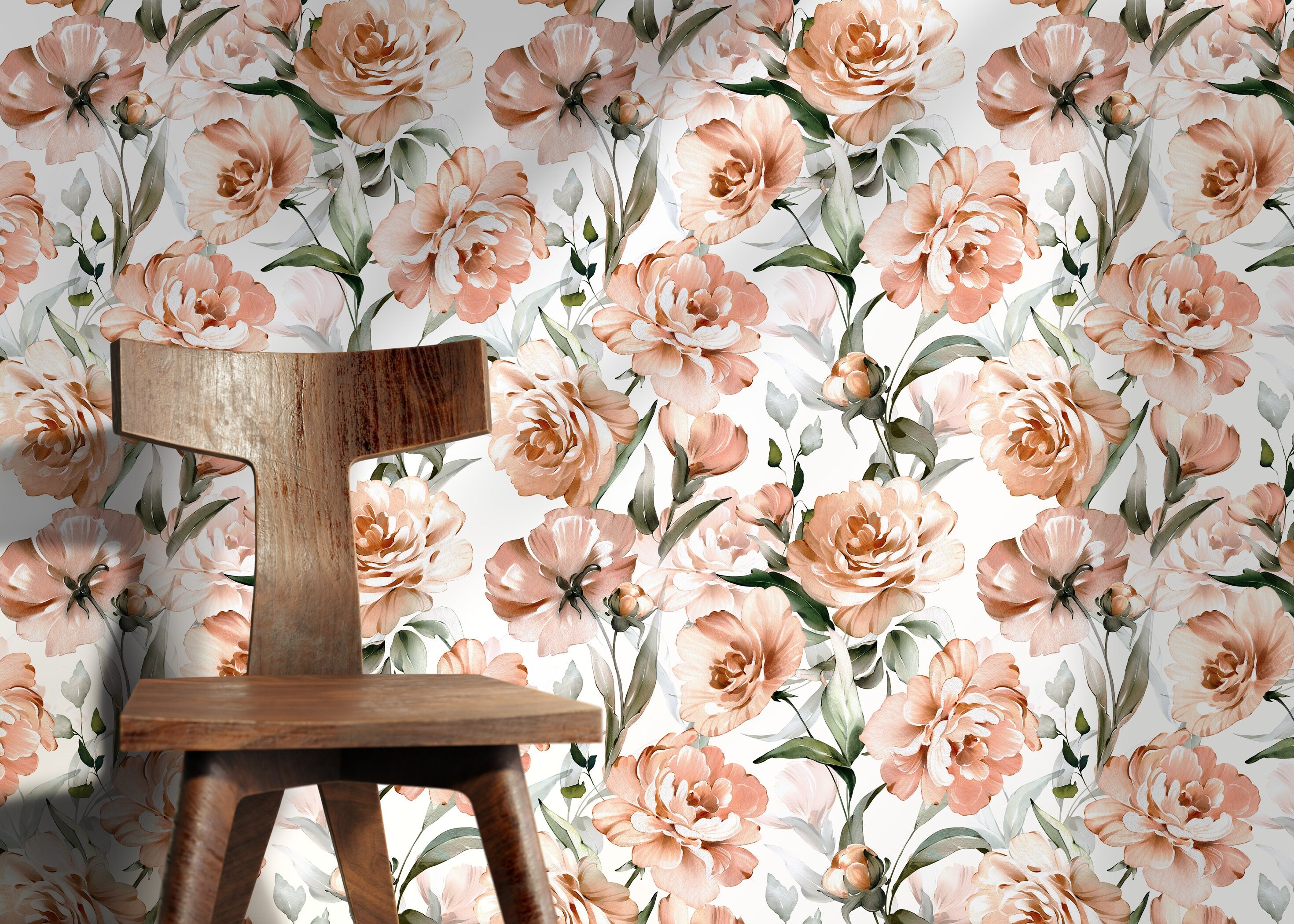 Floral Wallpaper Featuring Watercolor Peonies In Peach, Pink, And Green - D530