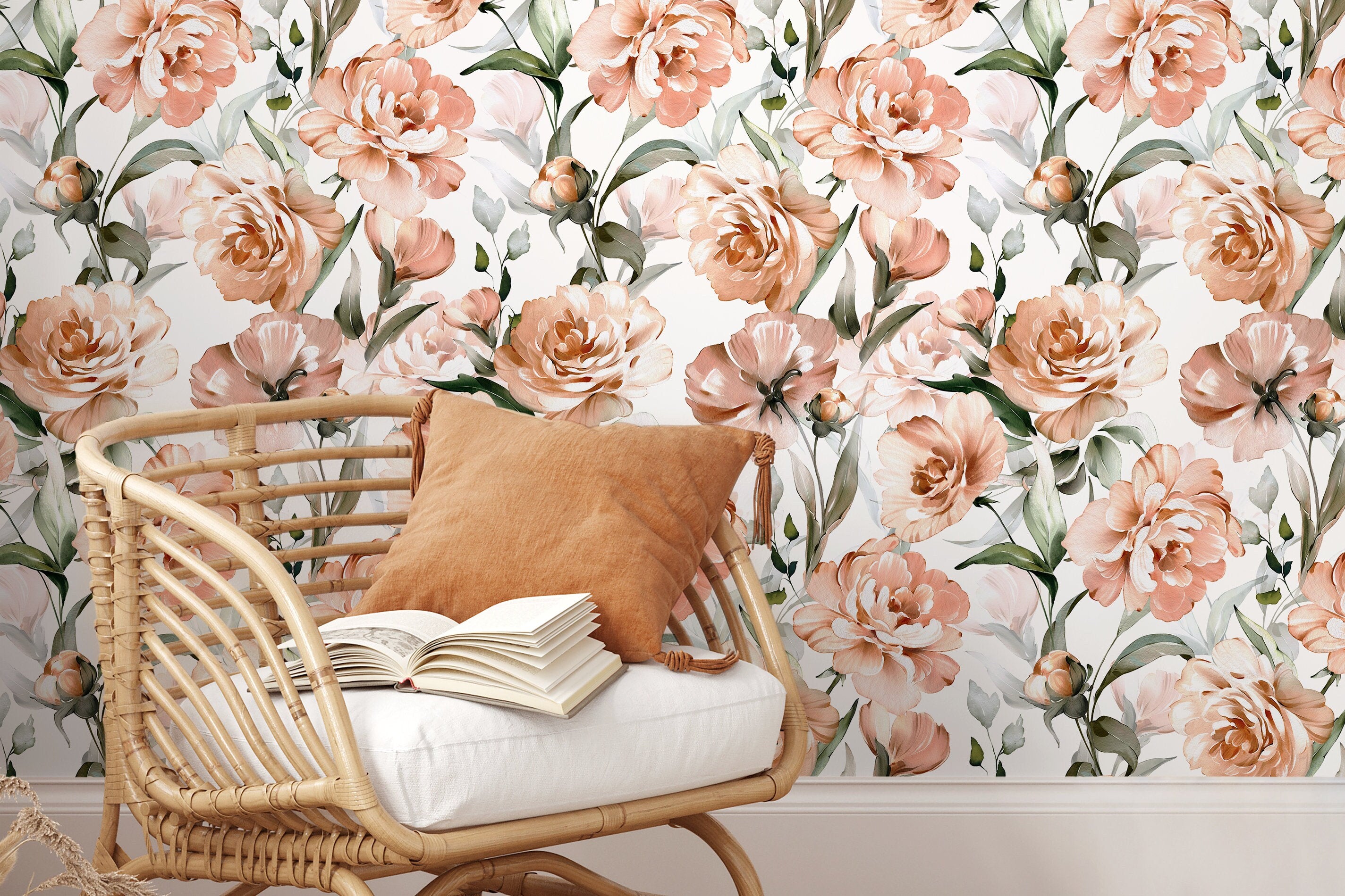 Floral Wallpaper Featuring Watercolor Peonies In Peach, Pink, And Green - D530
