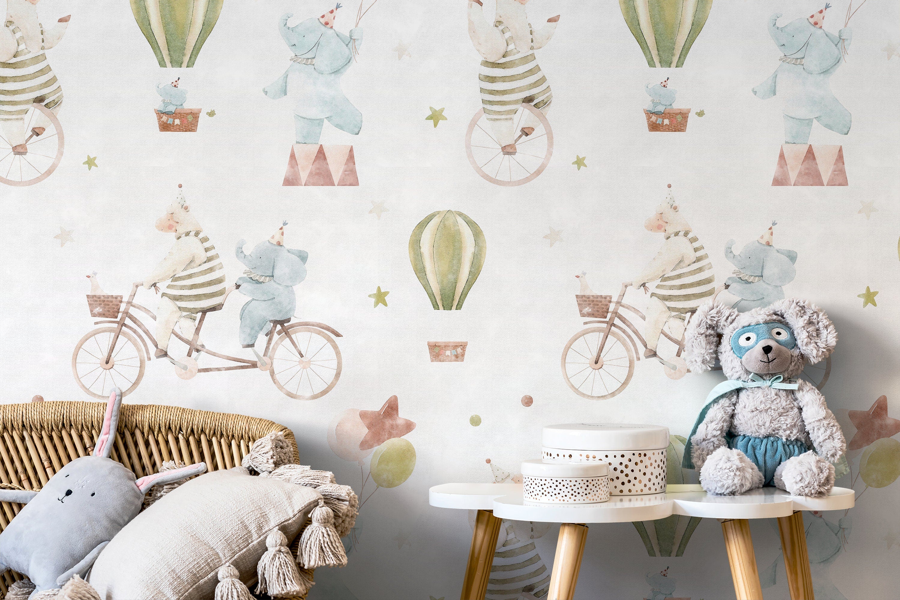Circus Wallpaper With Watercolor Animals In Blue, Green, And Pink - D531