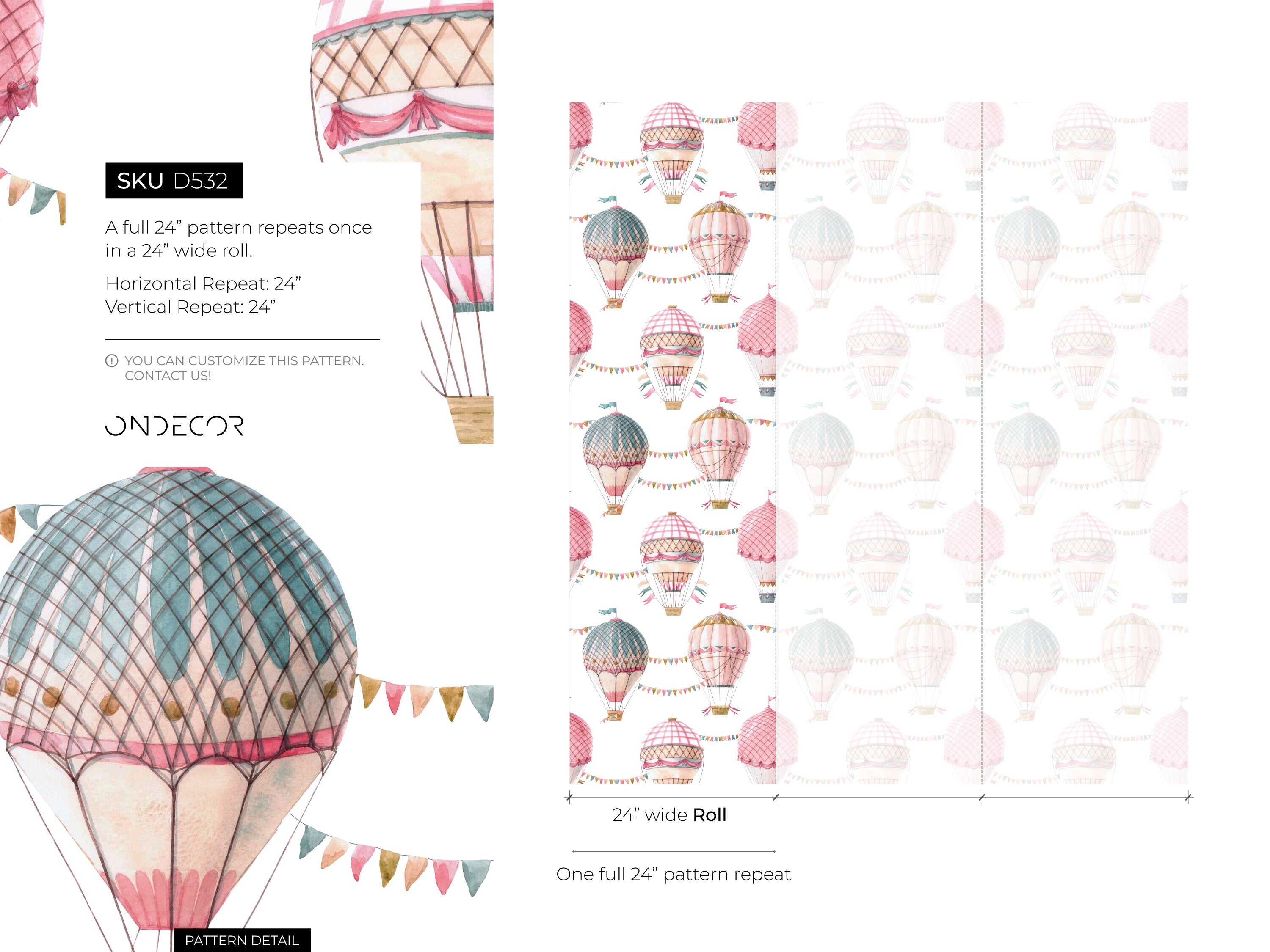 Nursery Wallpaper With Whimsical Hot Air Balloons In Pink, Blue, And Gold - D532