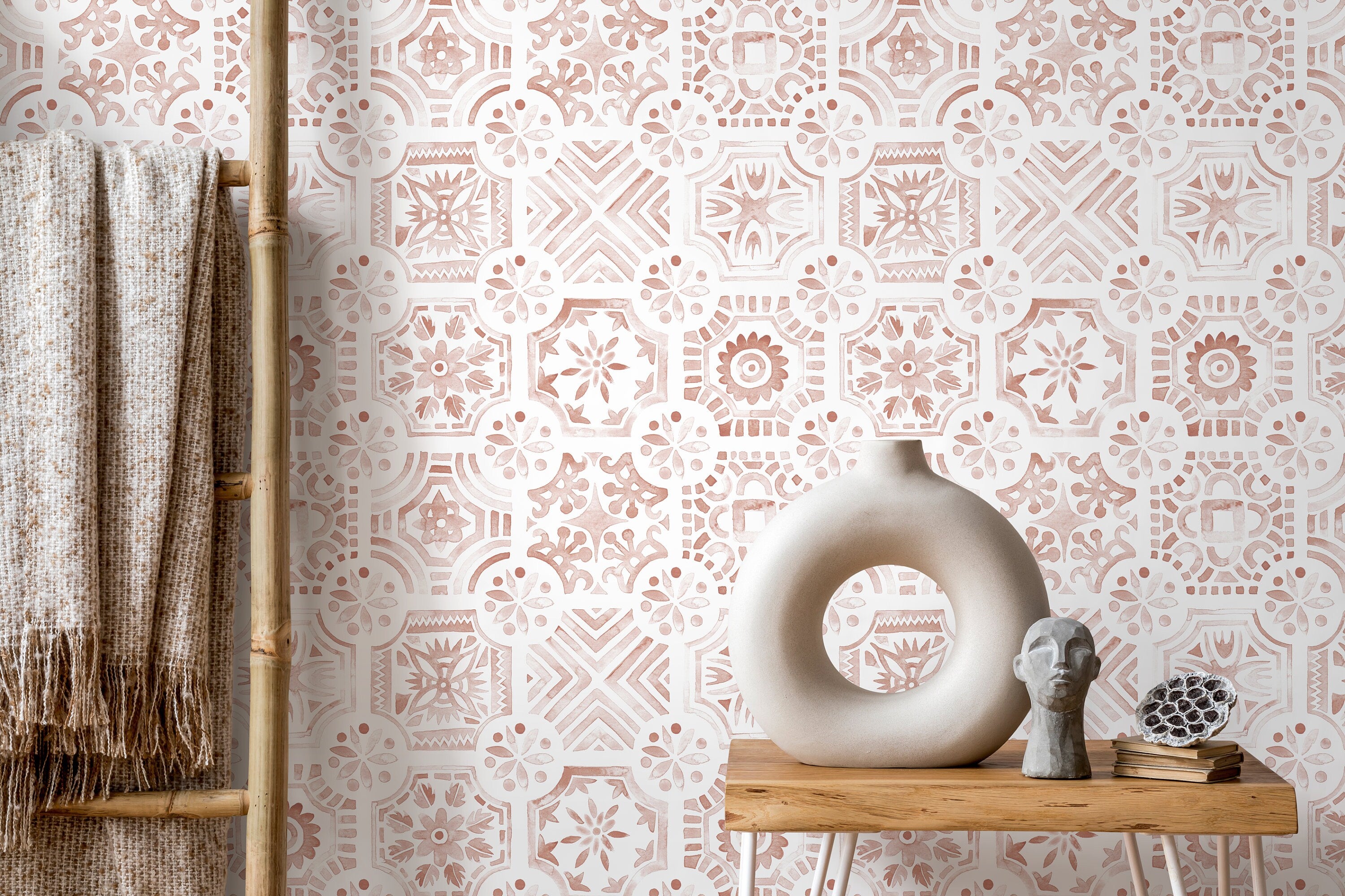 Tile Wallpaper With A Watercolor Moroccan Motif In Terracotta Red - D533