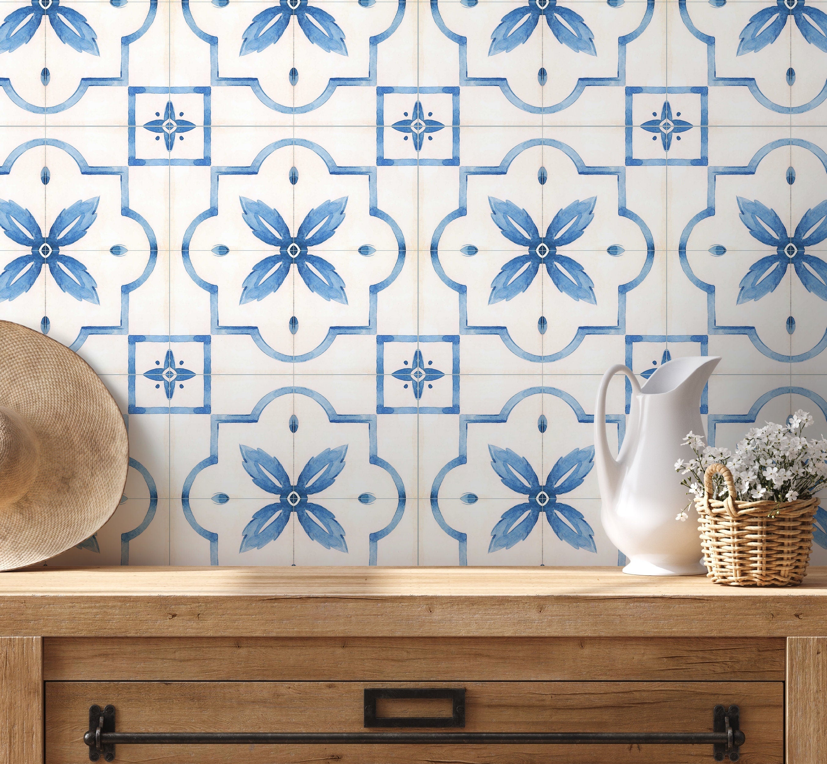 Moroccan Wallpaper Featuring A Watercolor Tile Motif In Blue - D535