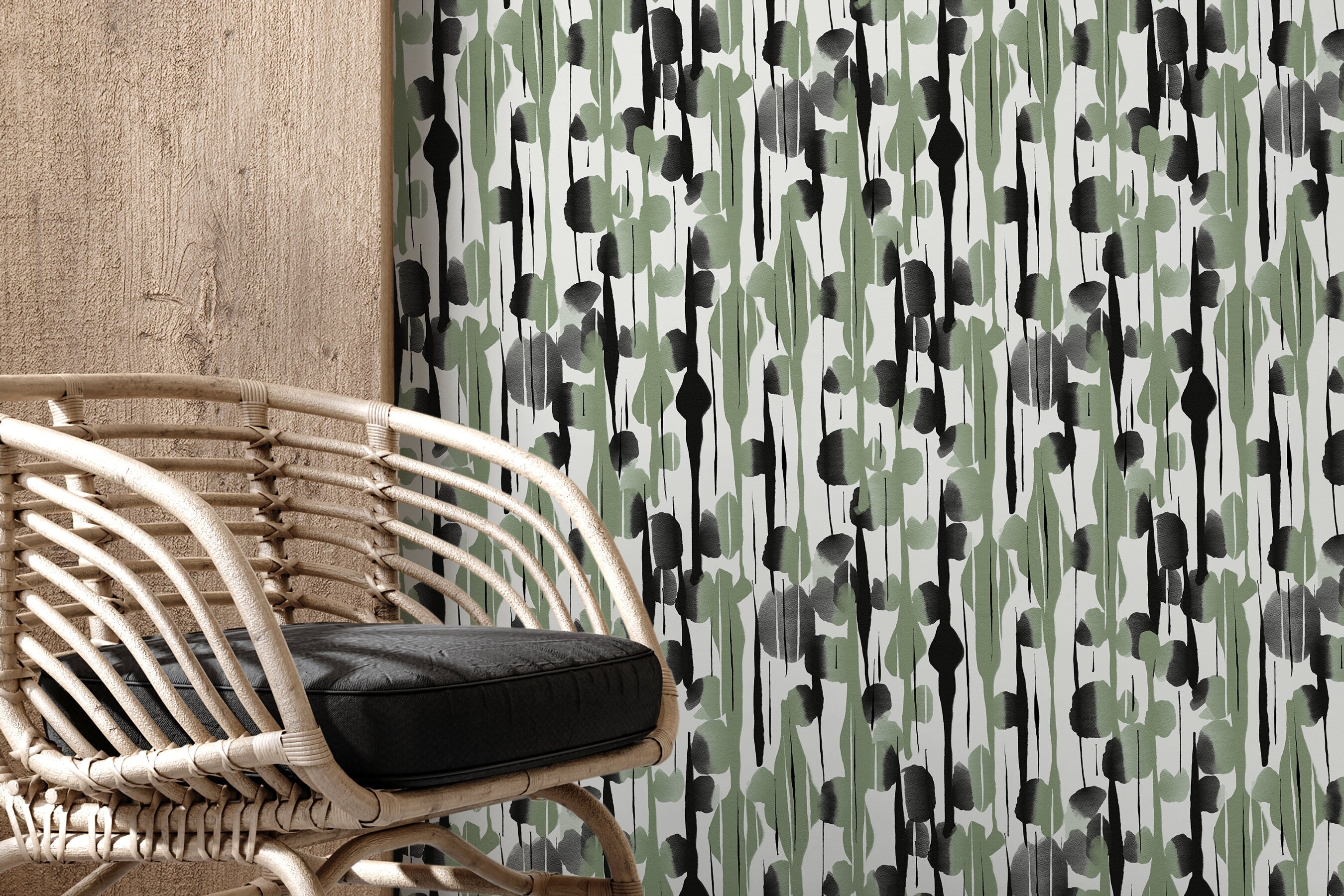 Abstract Wallpaper With Vertical Brushstroke Motifs In Black And Green - D537