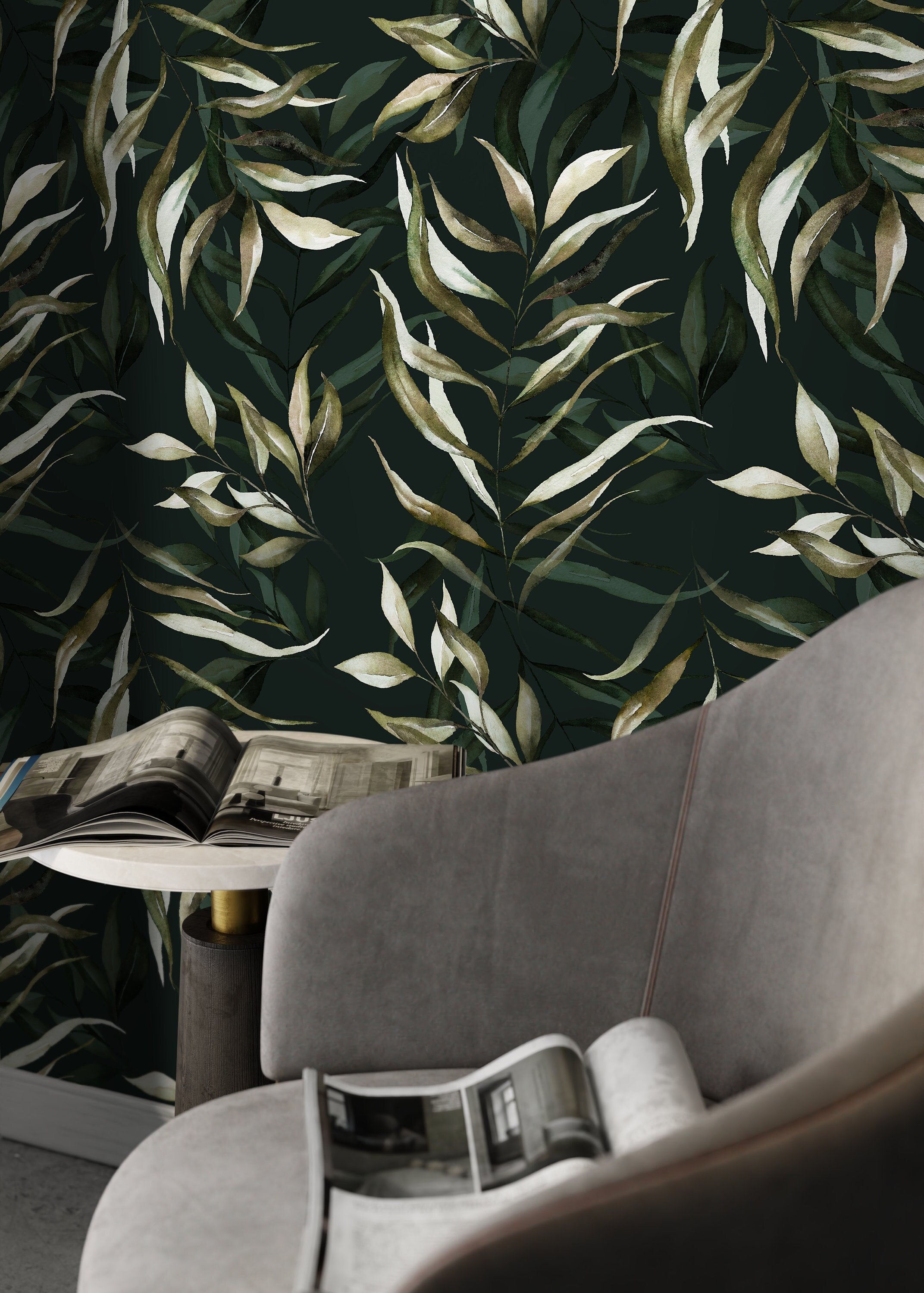 Botanical Wallpaper With Watercolor Willow Leaves In Dark Green And Olive - D541
