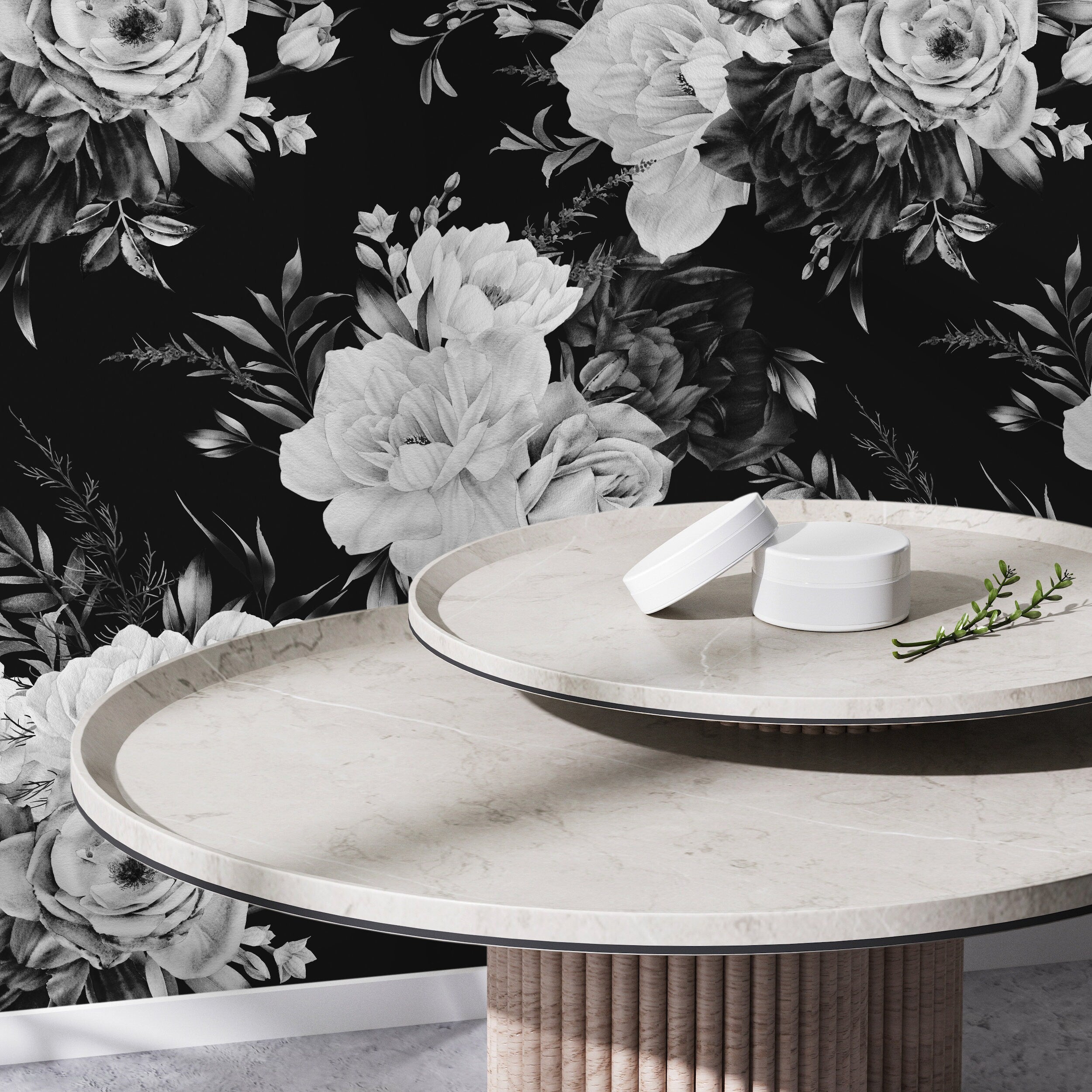Floral Wallpaper With Moody Rose Bouquets In Black, White, And Gray - D544