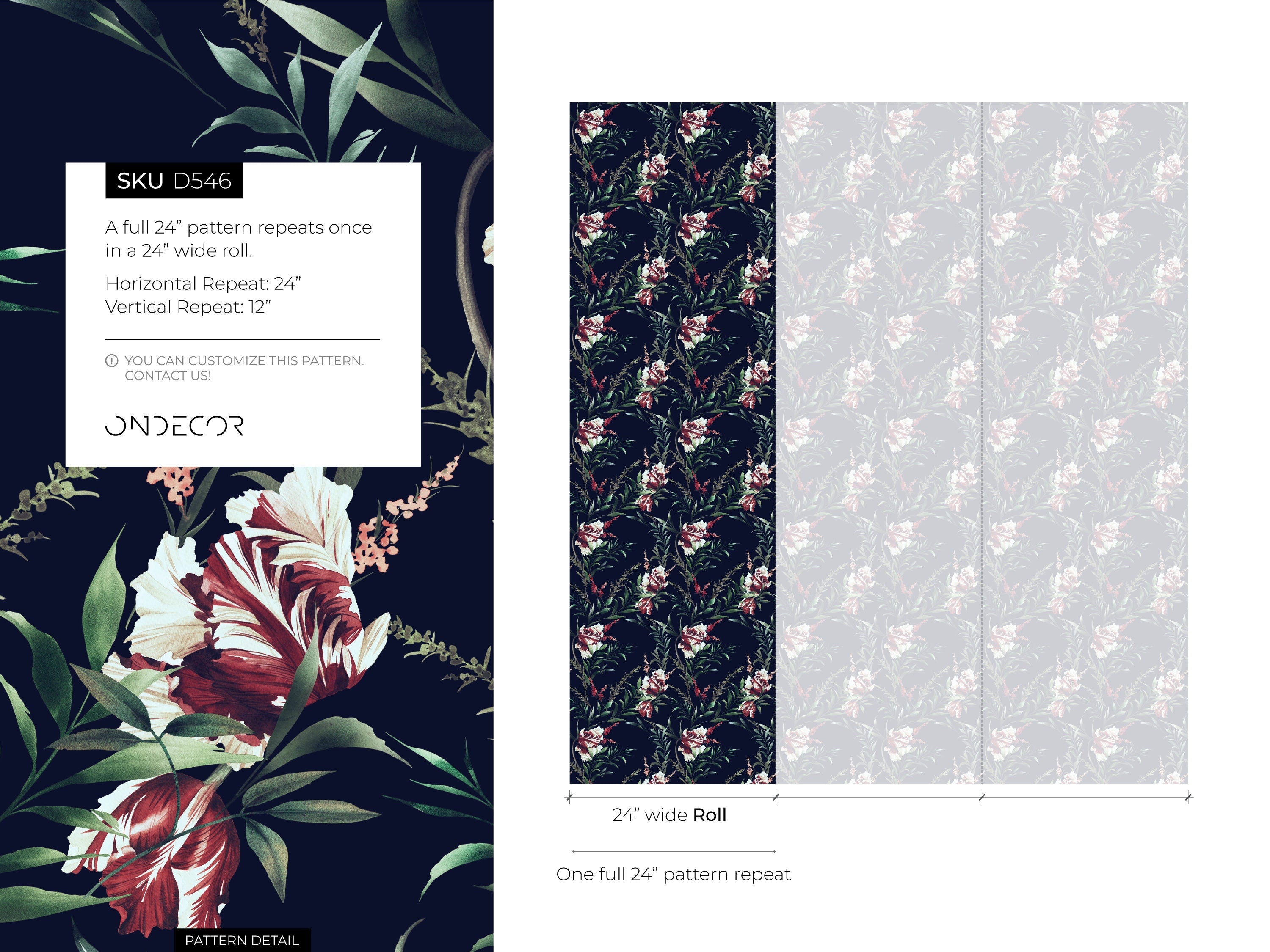 Vintage Floral Wallpaper With Tulips In Navy, Red, And Green - D546