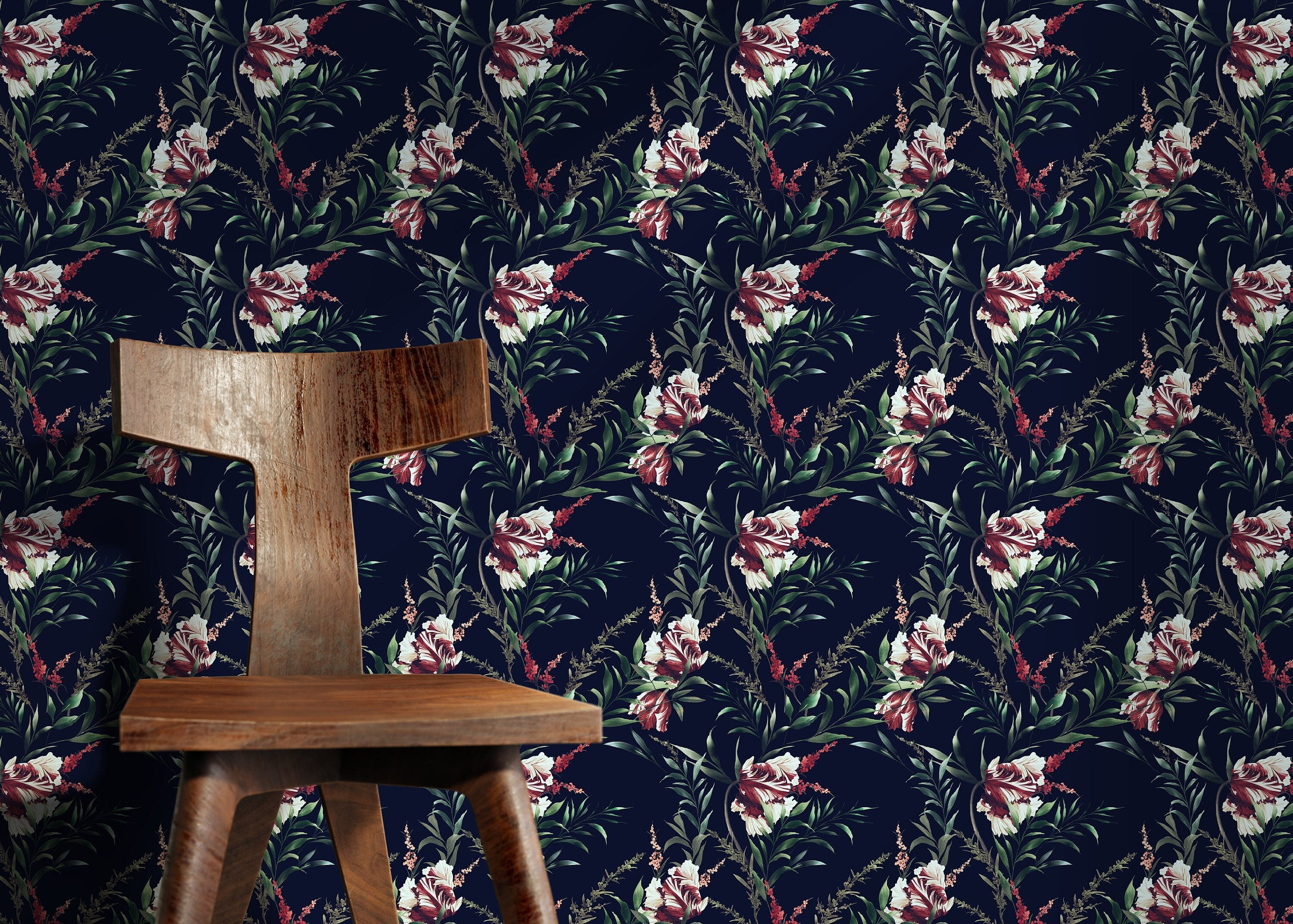 Vintage Floral Wallpaper With Tulips In Navy, Red, And Green - D546