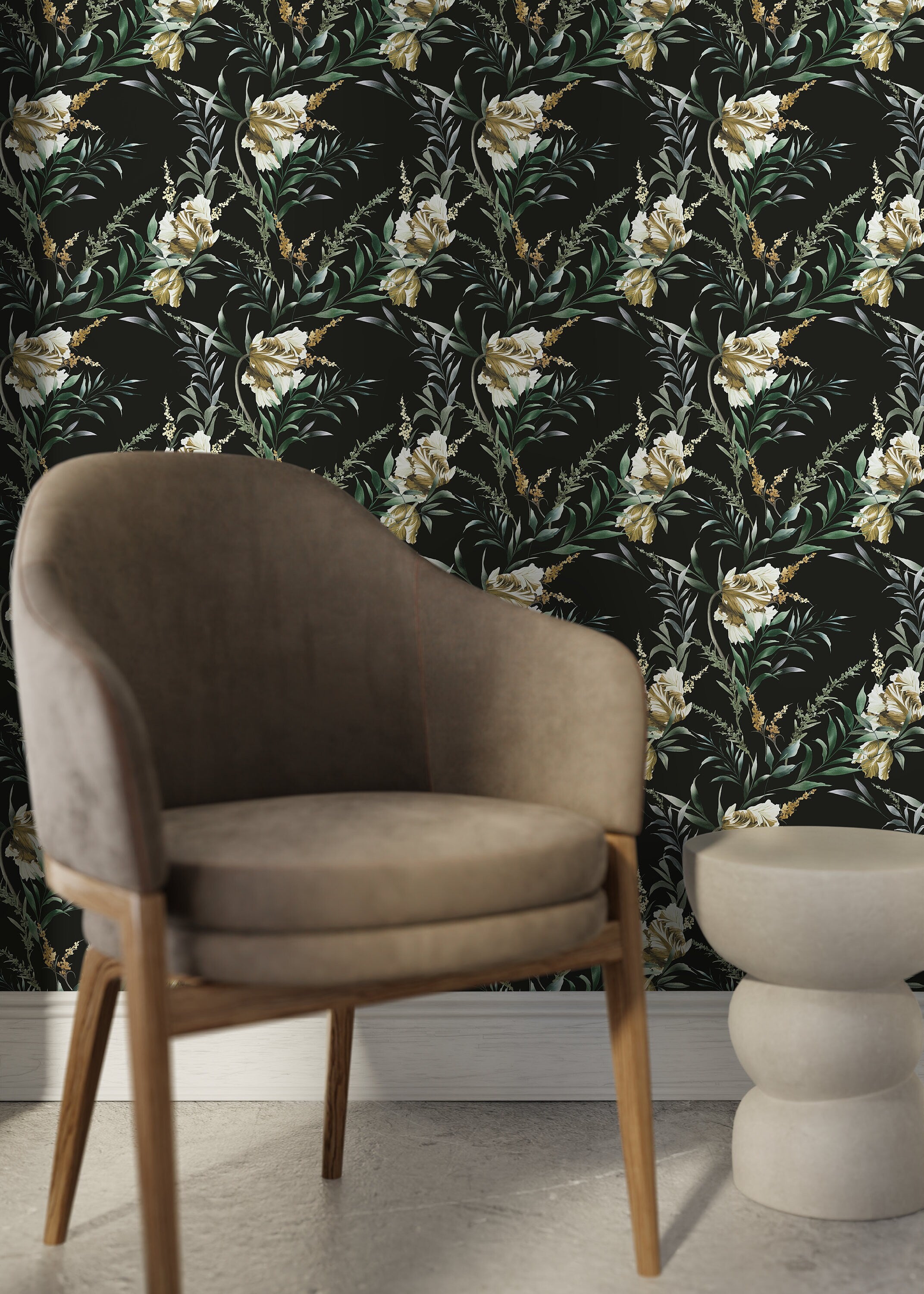 Floral Wallpaper With Vintage Botanical Tulips In Black, Gold, And Green - D547
