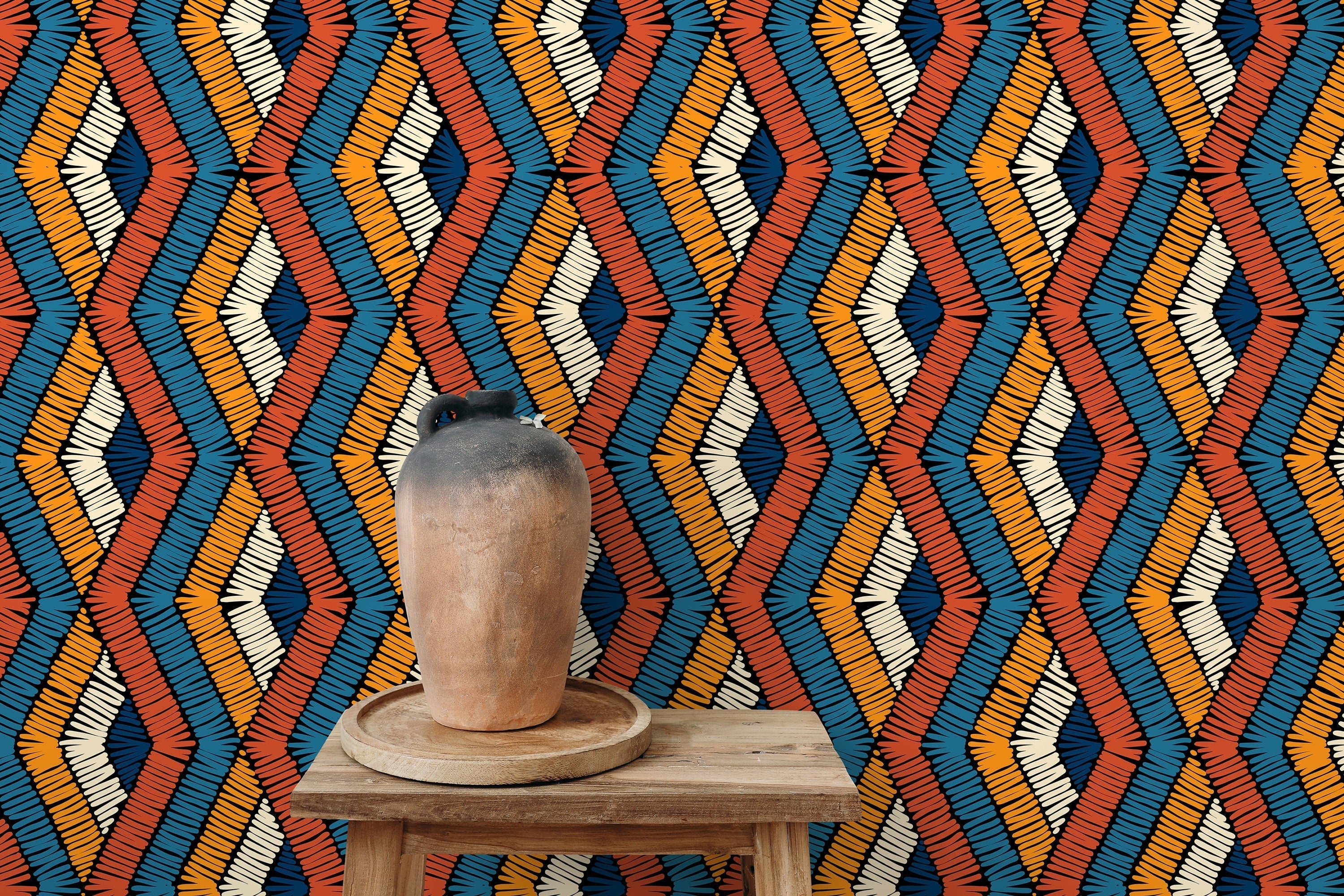 Tribal Wallpaper With An Embroidered Chevron In Orange, Blue, And Cream - D512