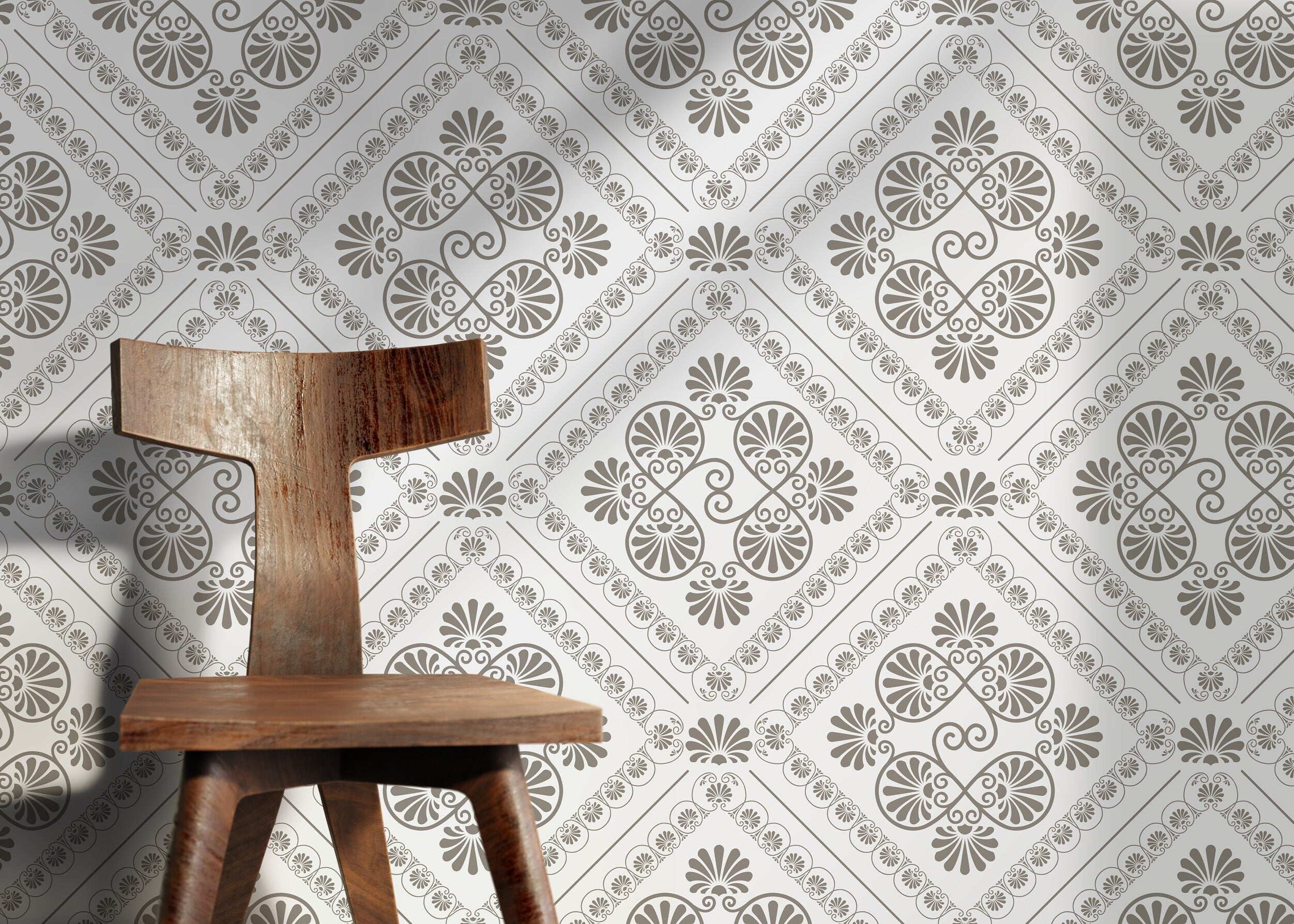 Classical Tile Wallpaper With Greco-roman Palmettes In Beige And Grey - D134