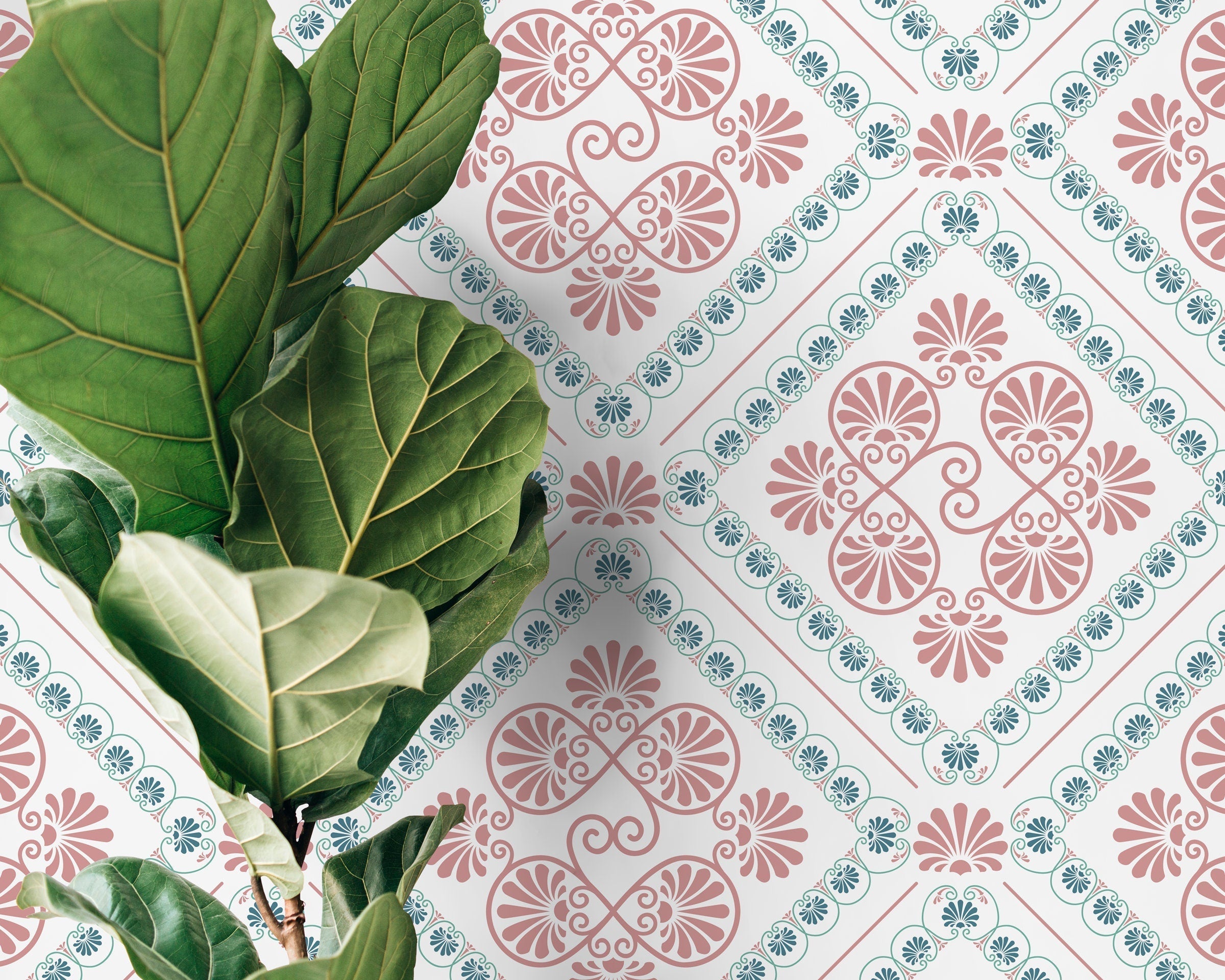 Retro Tile Wallpaper With A Greek Palmette Motif In Pink And Blue - D135