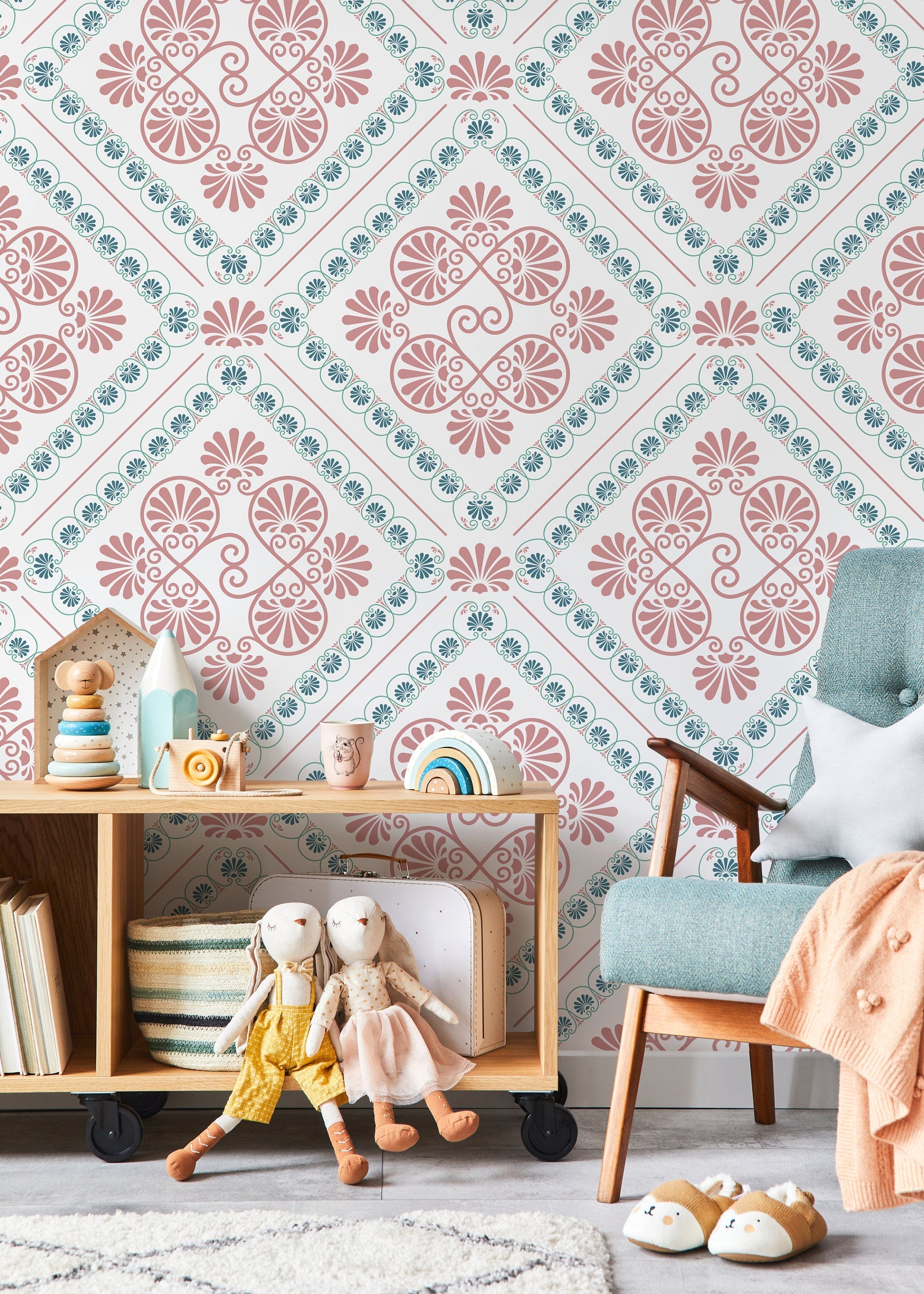 Retro Tile Wallpaper With A Greek Palmette Motif In Pink And Blue - D135