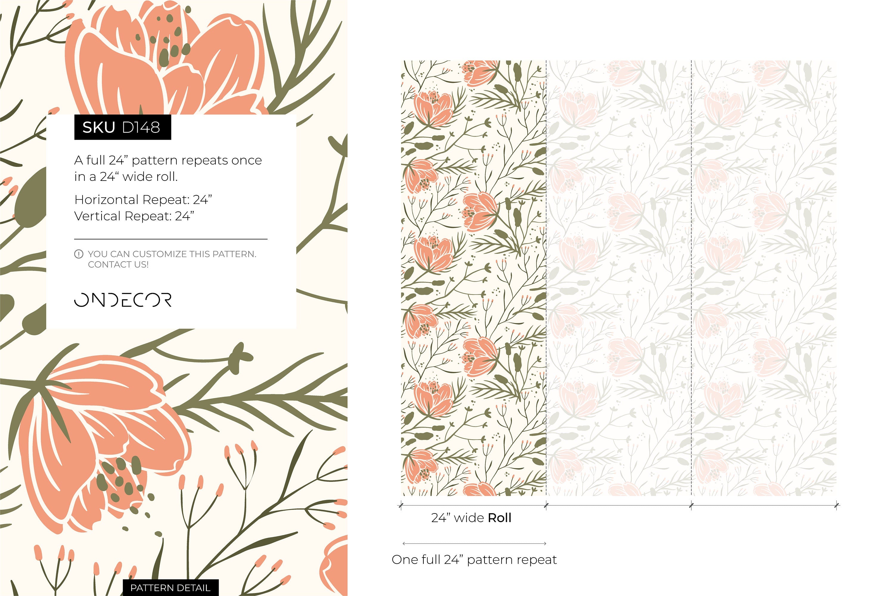 Floral Wallpaper With A Scandinavian Botanical Motif In Coral And Green - D148